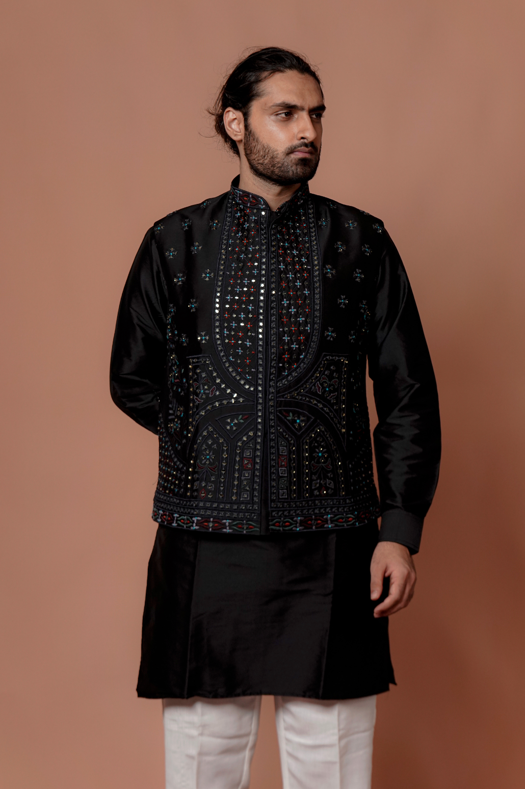 Black Mirror Work with Handcraft Kurta Jacket Set