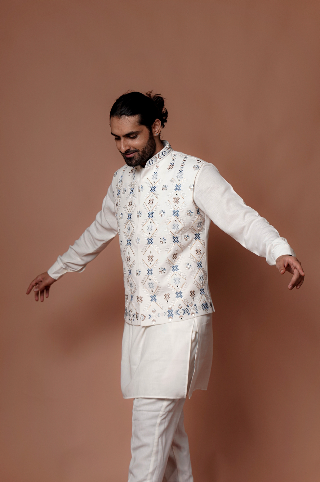 White Handcraft Work Kurta Jacket Set