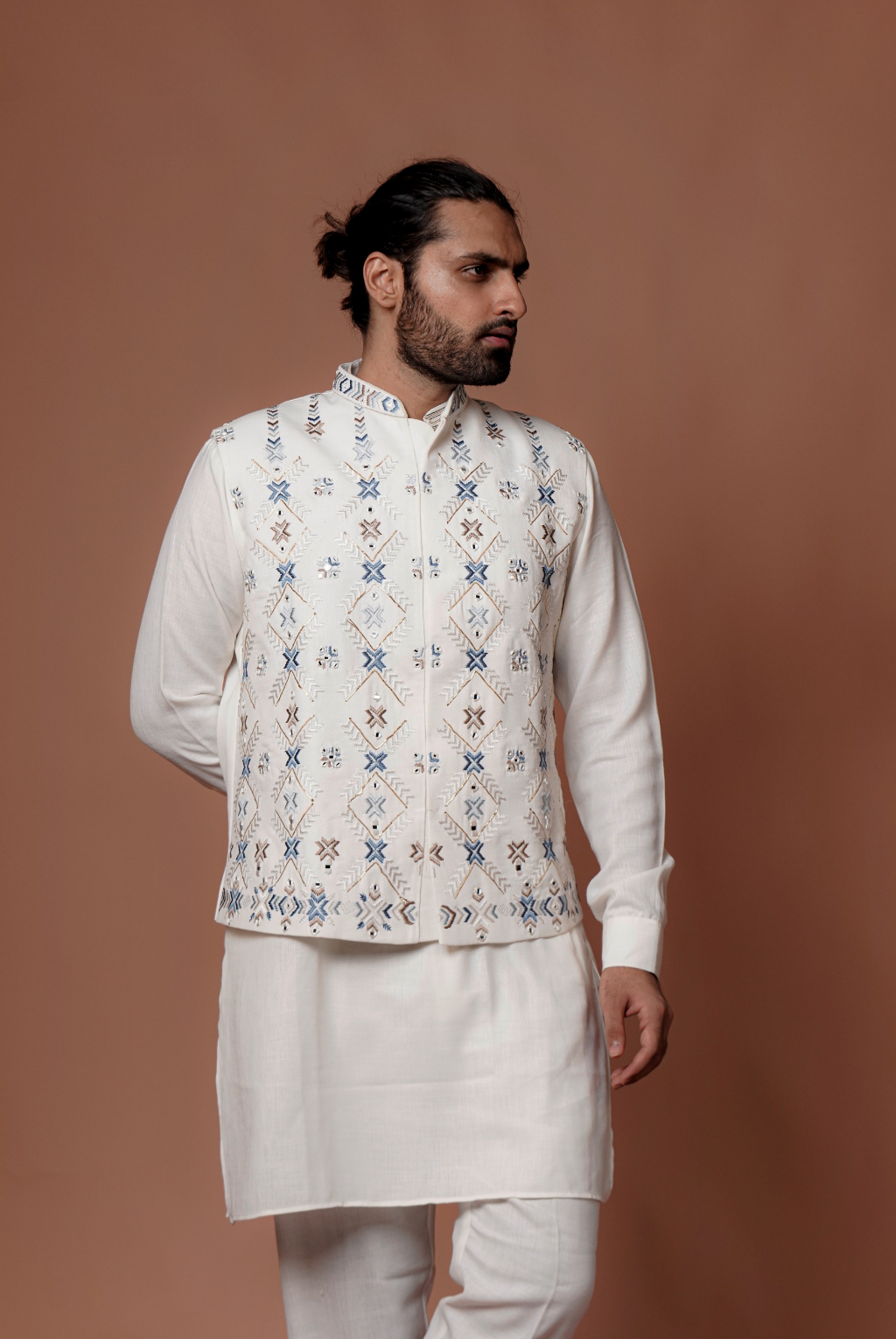 White Handcraft Work Kurta Jacket Set