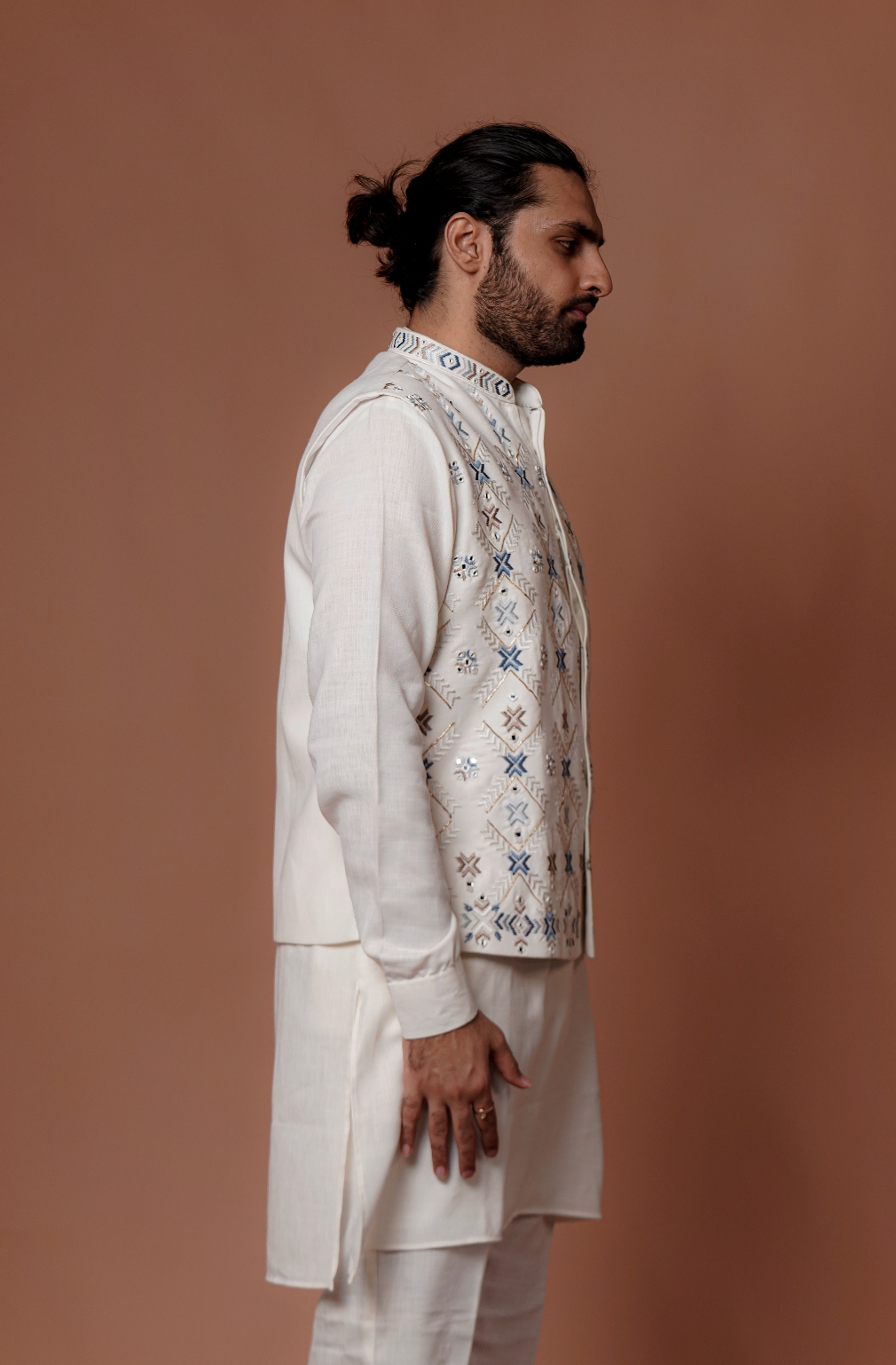 White Handcraft Work Kurta Jacket Set