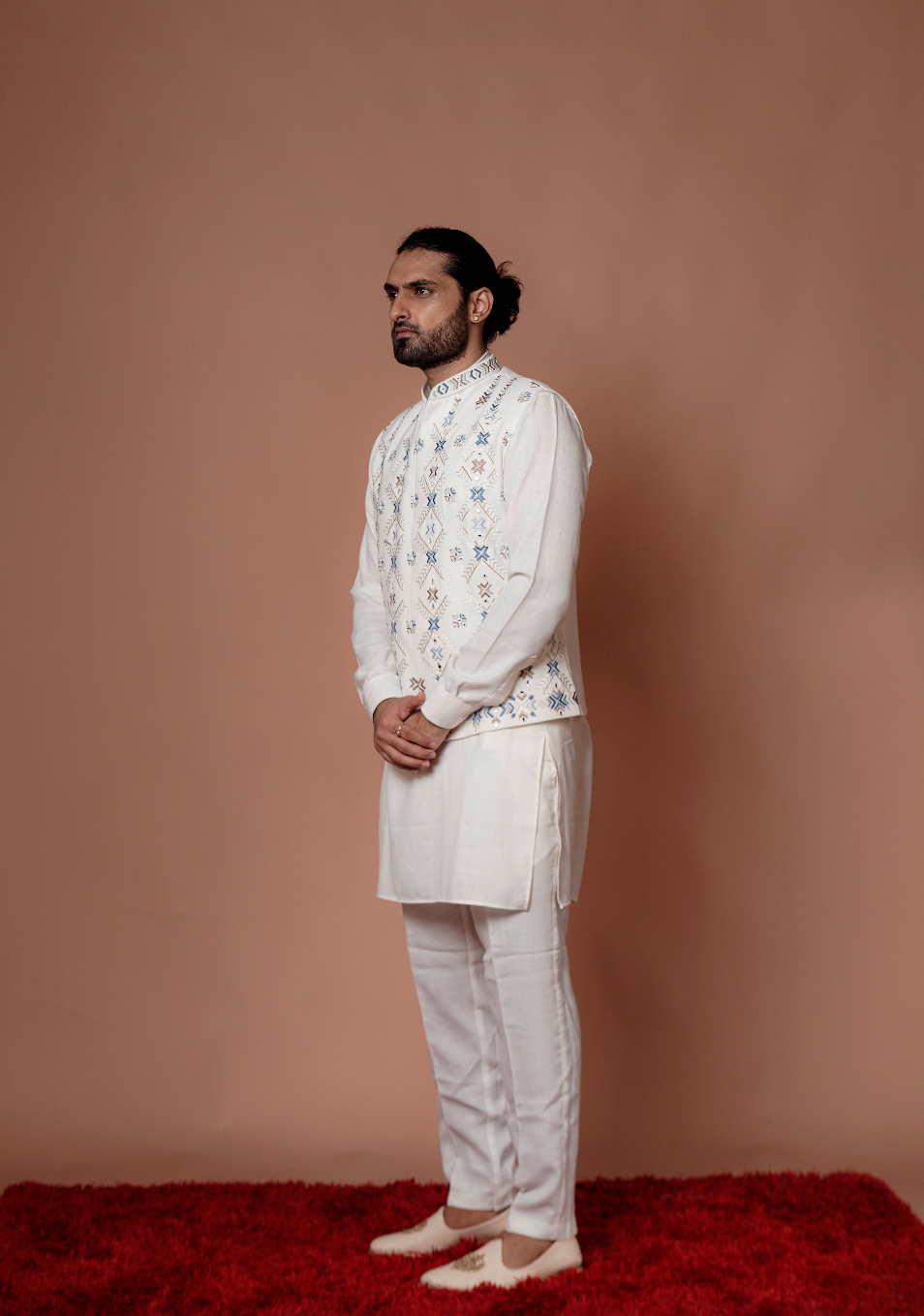 White Handcraft Work Kurta Jacket Set