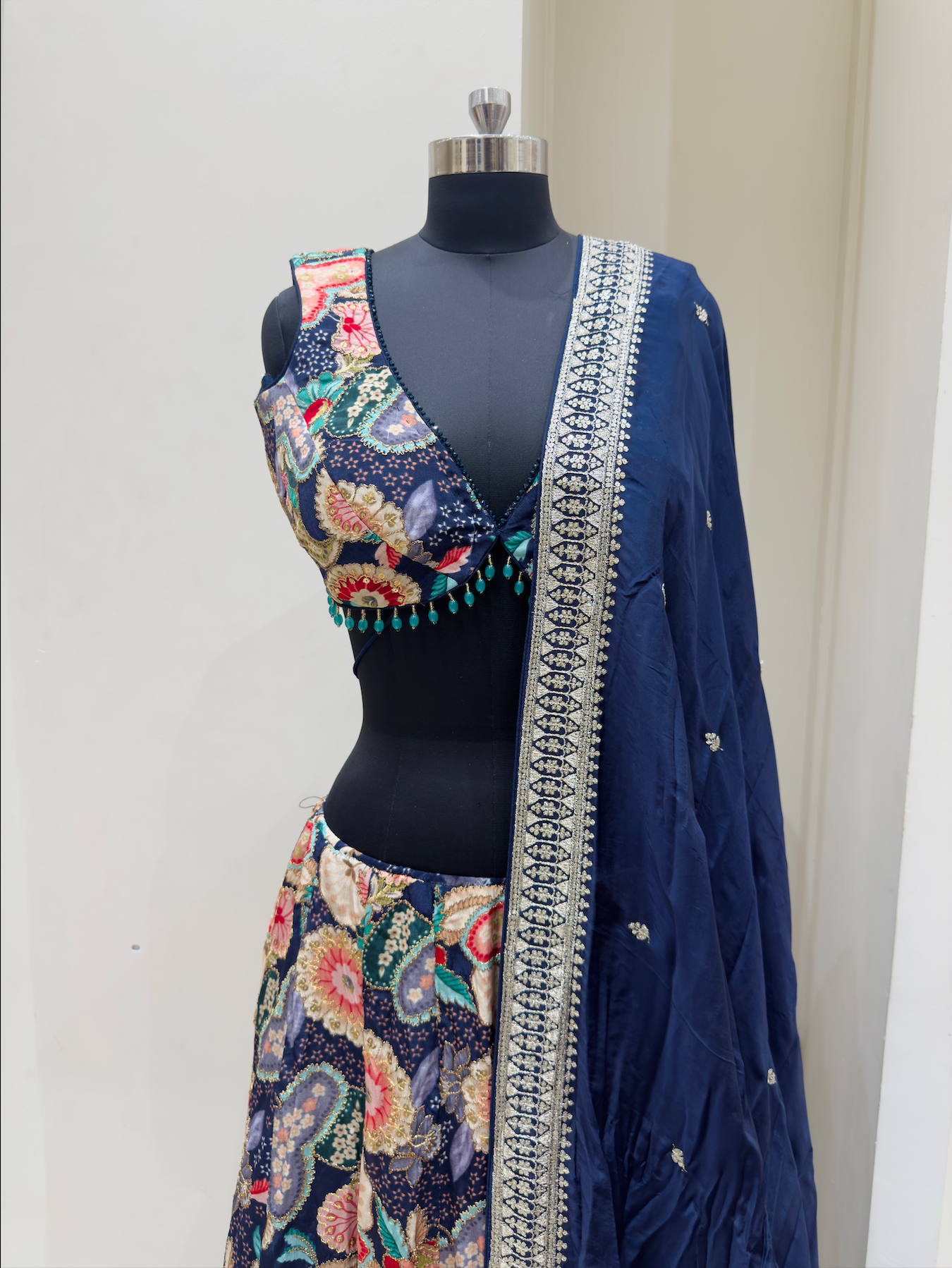 Navy Blue Multicolour Thread Embroidered Lehenga Set