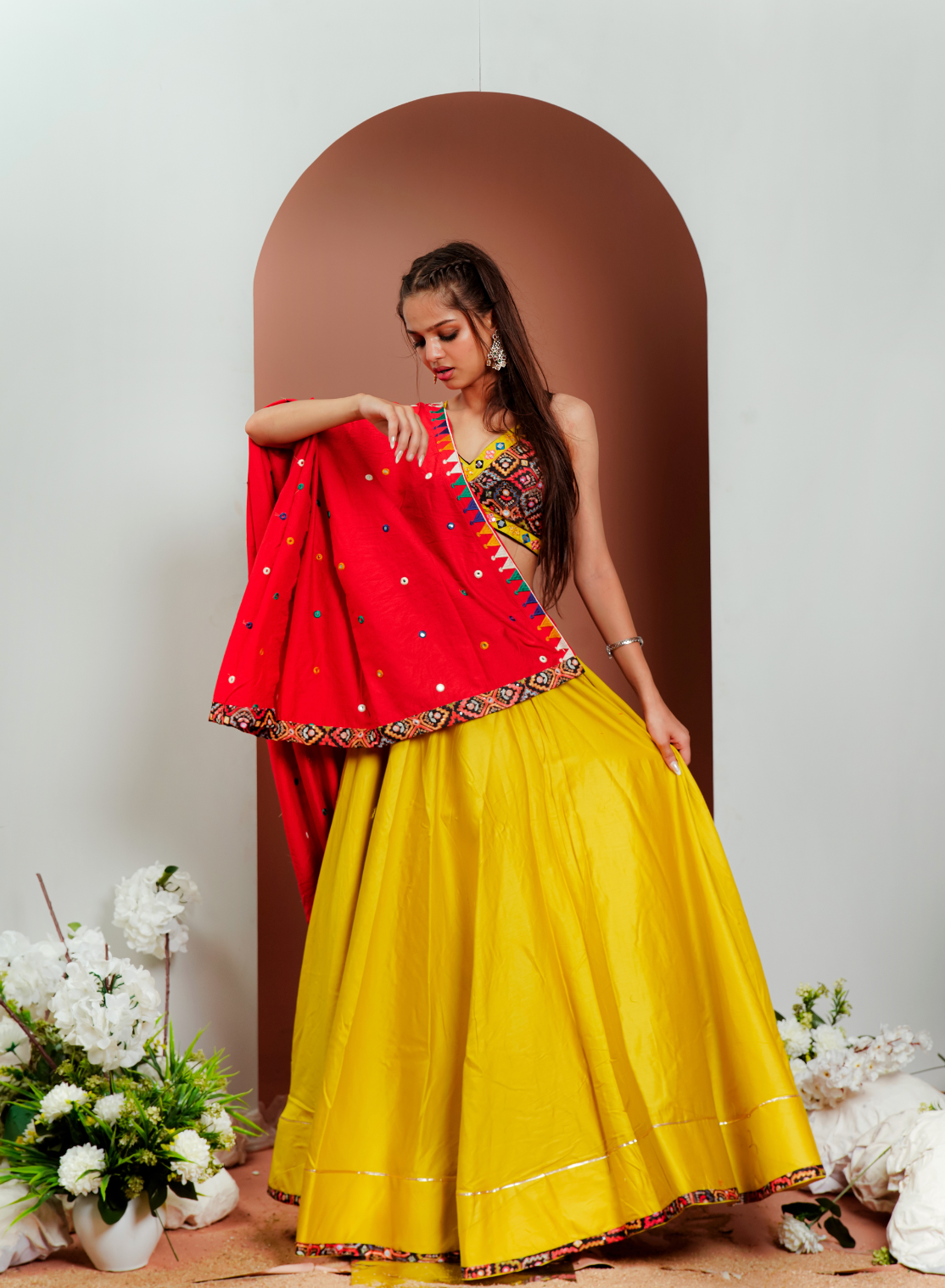 Musterd Yellow Chaniya Choli With Red Duptta
