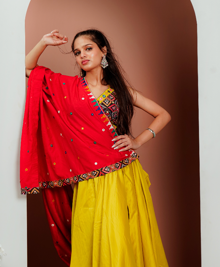 Musterd Yellow Chaniya Choli With Red Duptta