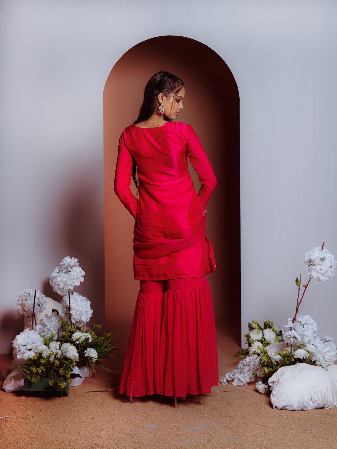 Red Heavy Zardosi Worked Sharara And Kurta With Lace Dupatta