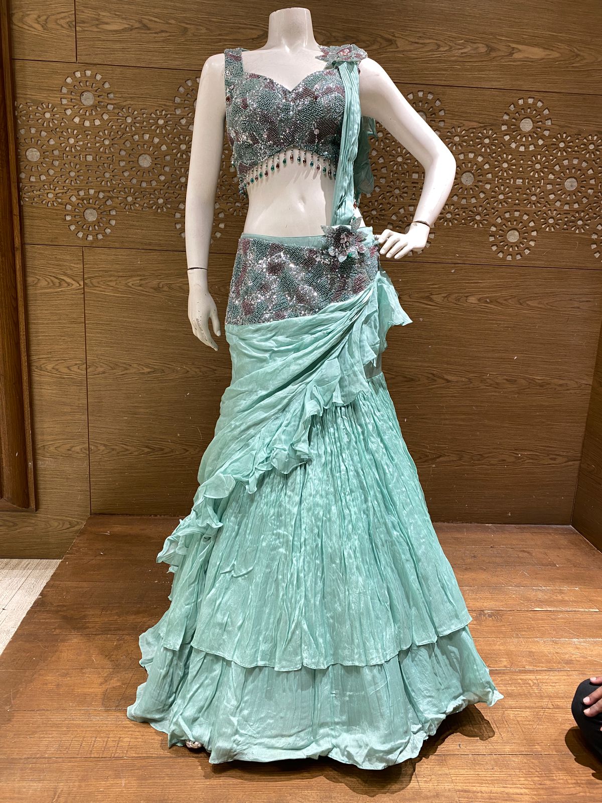 Sea Green Embroidered Ruffle Lehenga Choli with Sequin Work & Draped Dupatta