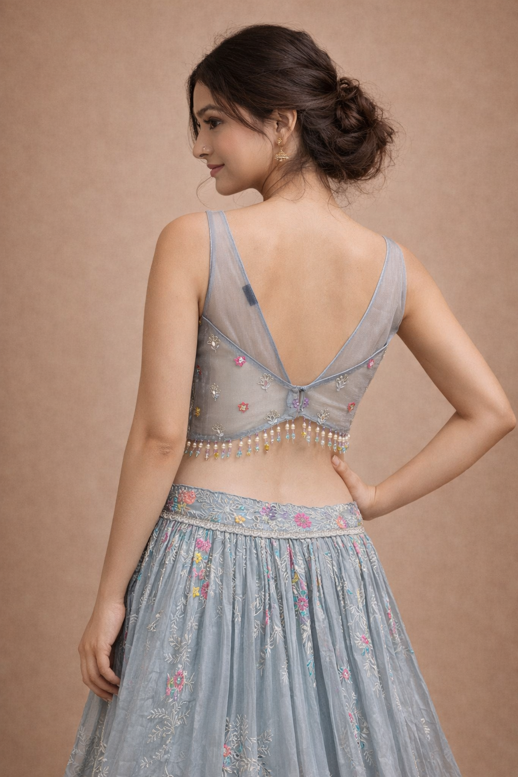Sky Blue Floral Embroidered Lehenga Choli with Scalloped Jacket