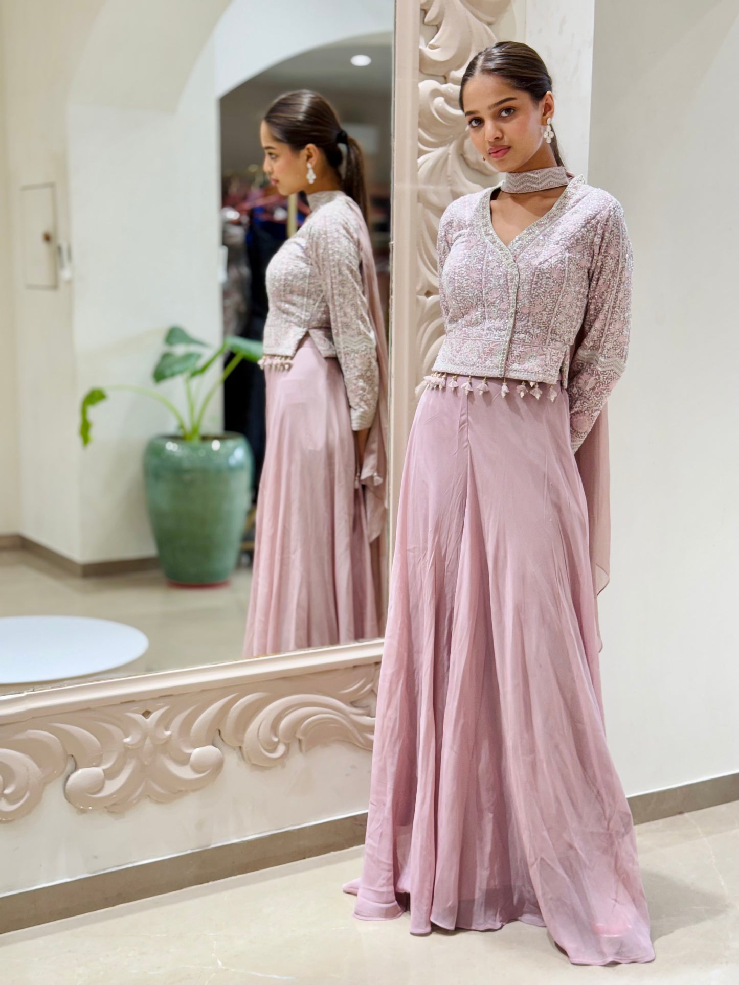Soft Mauve Sequin Embellished Georgette Cape Gown Set