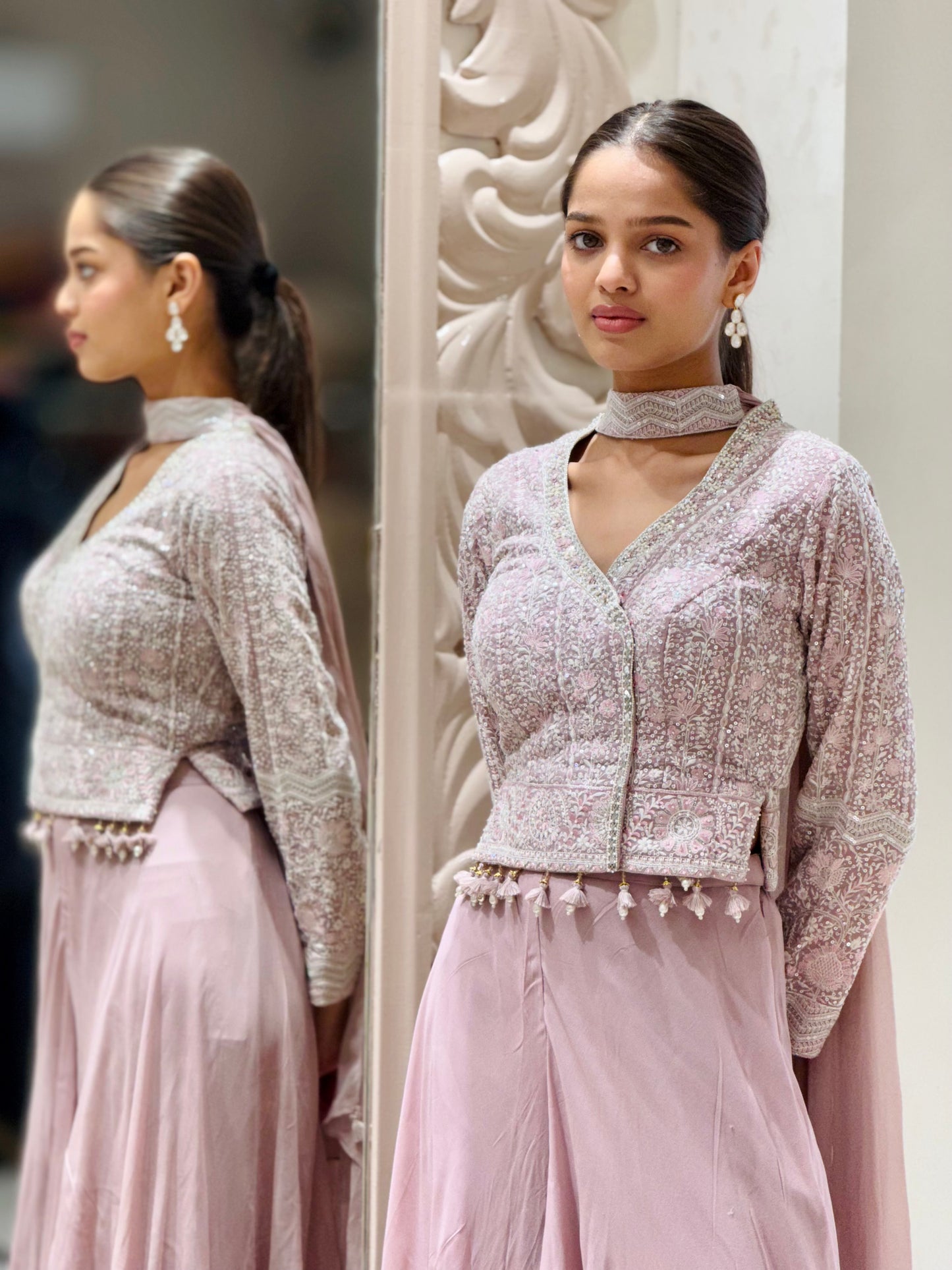 Soft Mauve Sequin Embellished Georgette Cape Gown Set