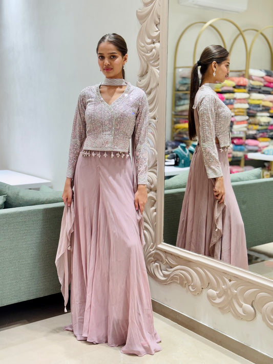 Soft Mauve Sequin Embellished Georgette Cape Gown Set