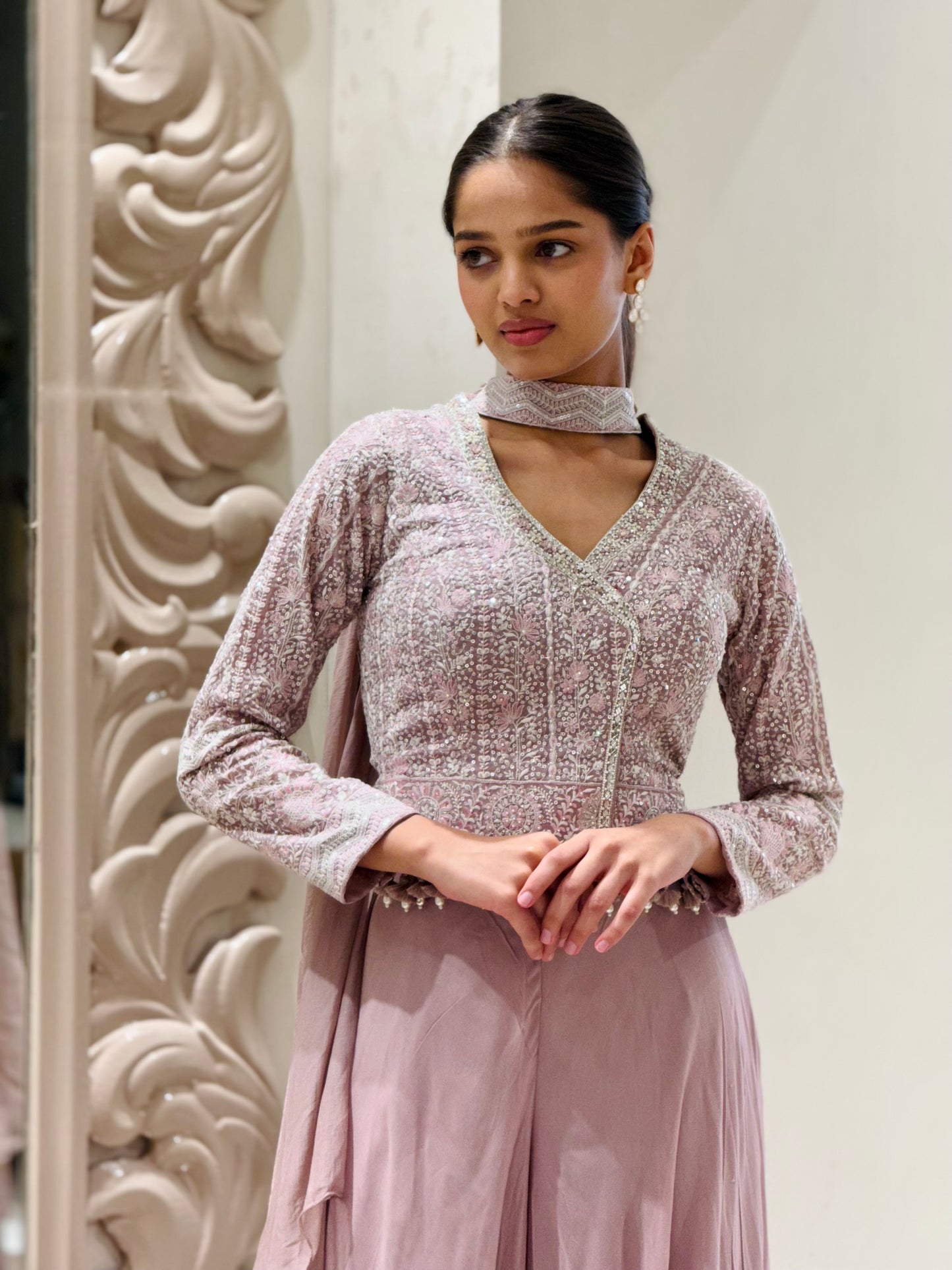 Soft Mauve Sequin Embellished Georgette Cape Gown Set