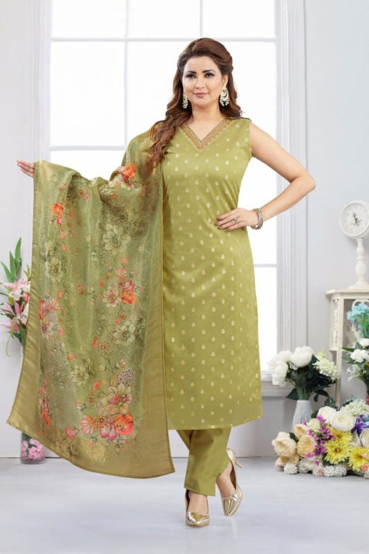 Stylish Olive Green Silk Jacquard Salwar Suit with Floral Organza Dupatta
