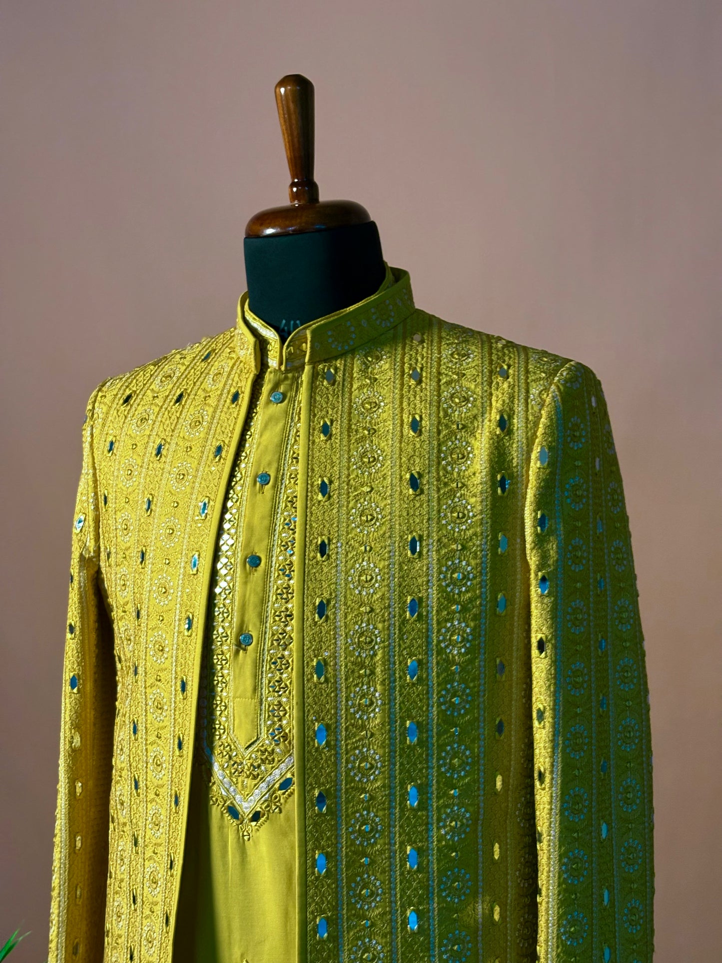 Sunshine Yellow Mirror Work Kurta Set with Embroidered Jacket