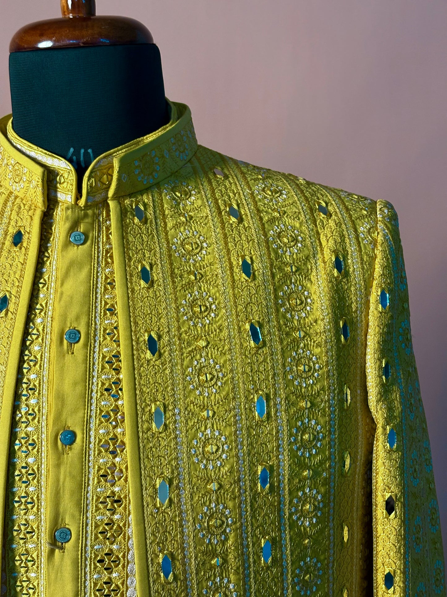 Sunshine Yellow Mirror Work Kurta Set with Embroidered Jacket