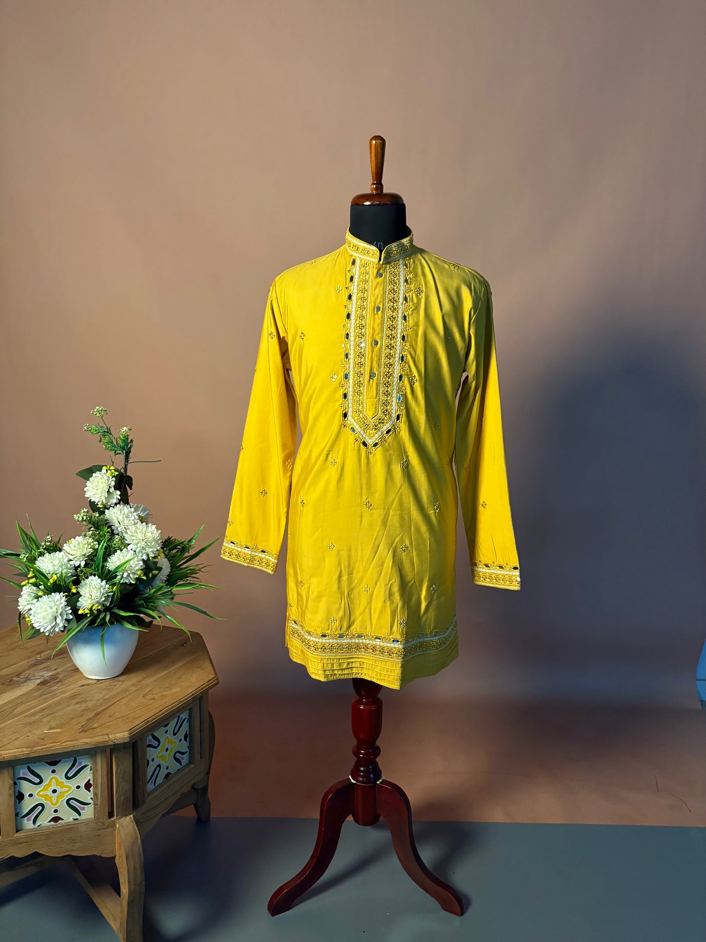Sunshine Yellow Mirror Work Kurta Set with Embroidered Jacket