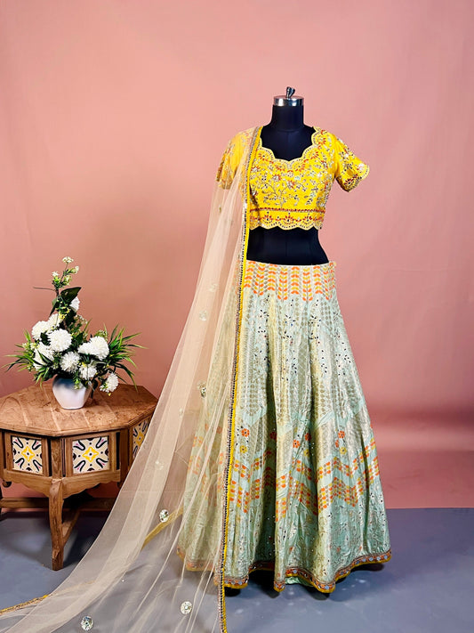 Sunshine Yellow & Mint Green Embroidered Lehenga Set