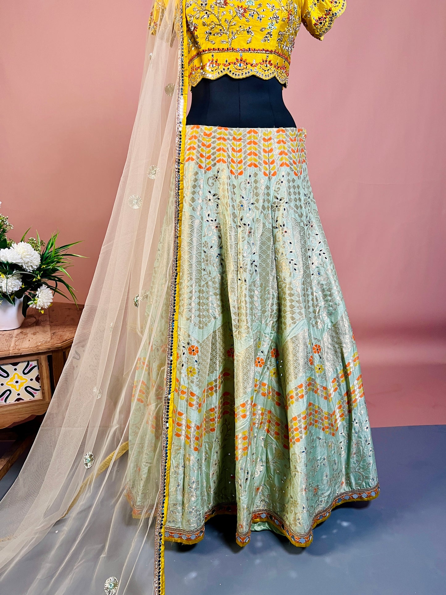 Sunshine Yellow & Mint Green Embroidered Lehenga Set