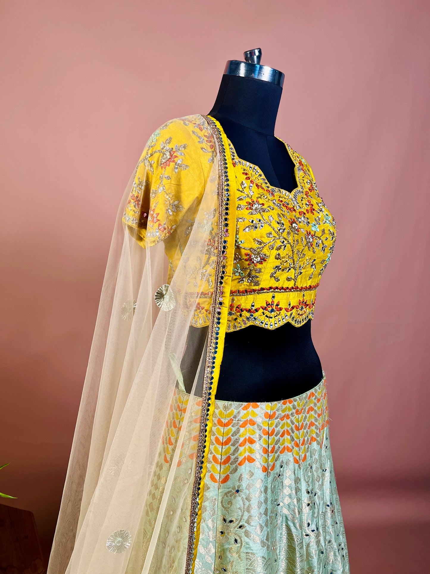 Sunshine Yellow & Mint Green Embroidered Lehenga Set