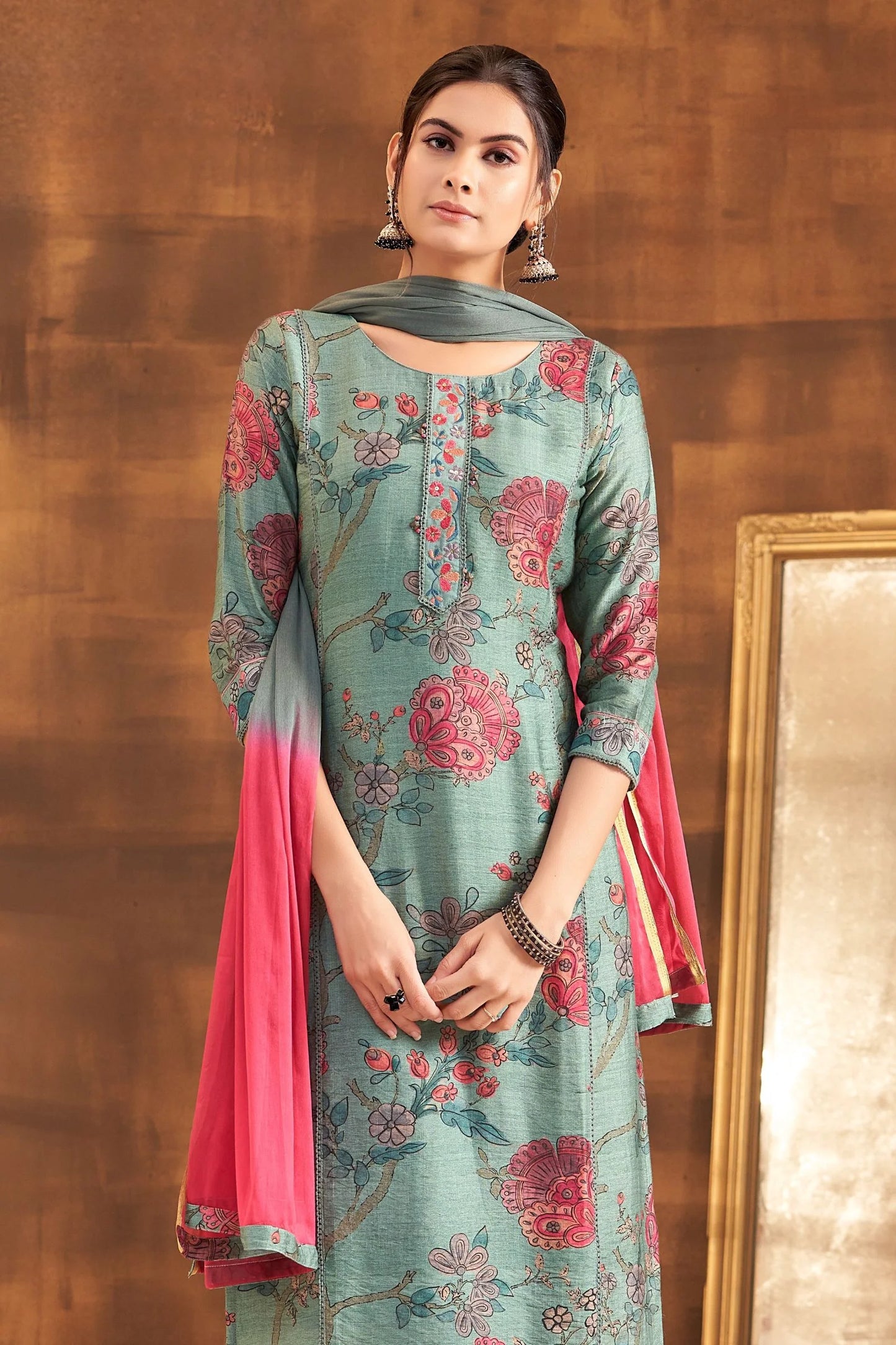 Teal Green Thread And Sequins Work With Floral Print Straight Cut Salwar Suit