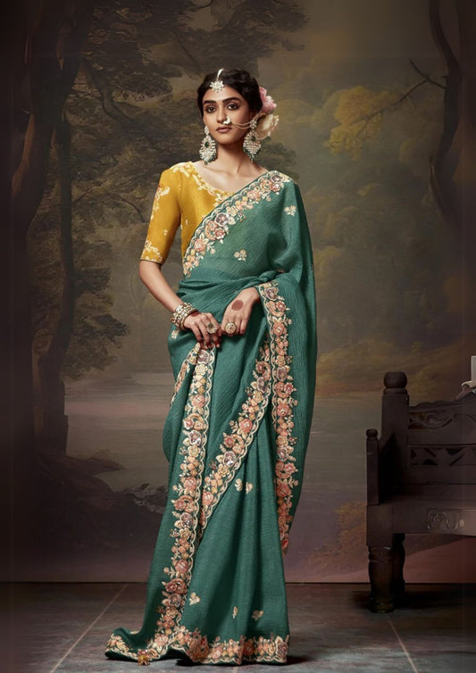 Teal Fancy Embroidery Work Party Wear Saree