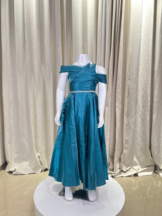 Teal Asymmetric Shoulder Gown for Girls