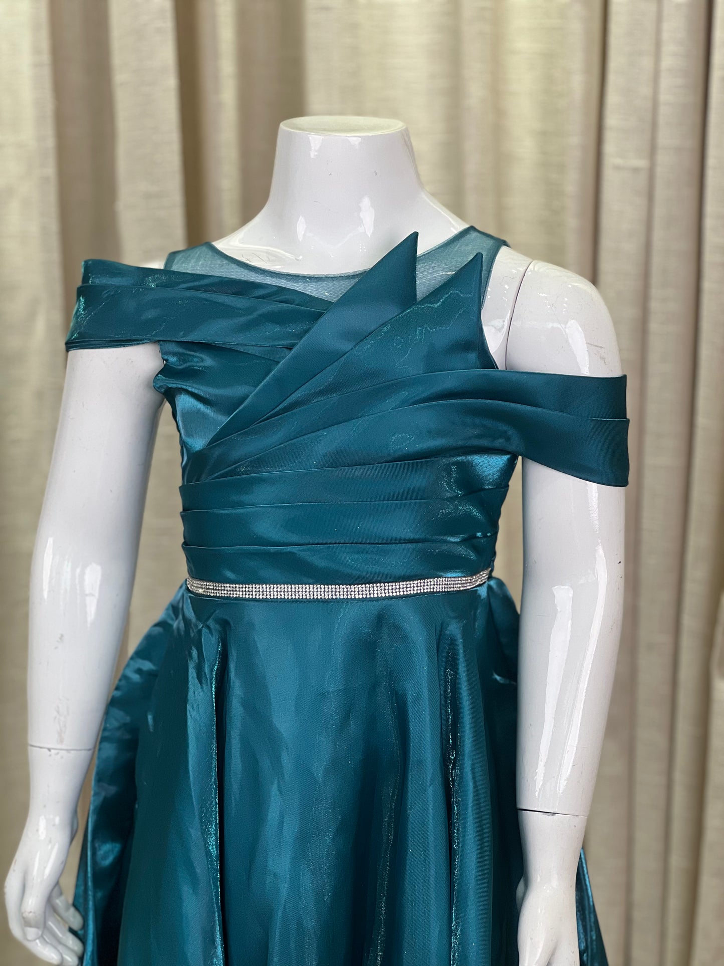 Teal Asymmetric Shoulder Gown for Girls