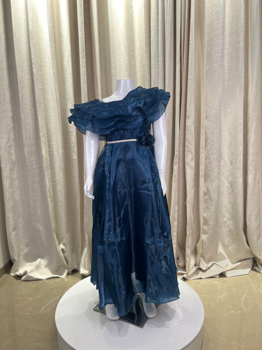 Teal Blue Ruffled Off-Shoulder Gown for Girls