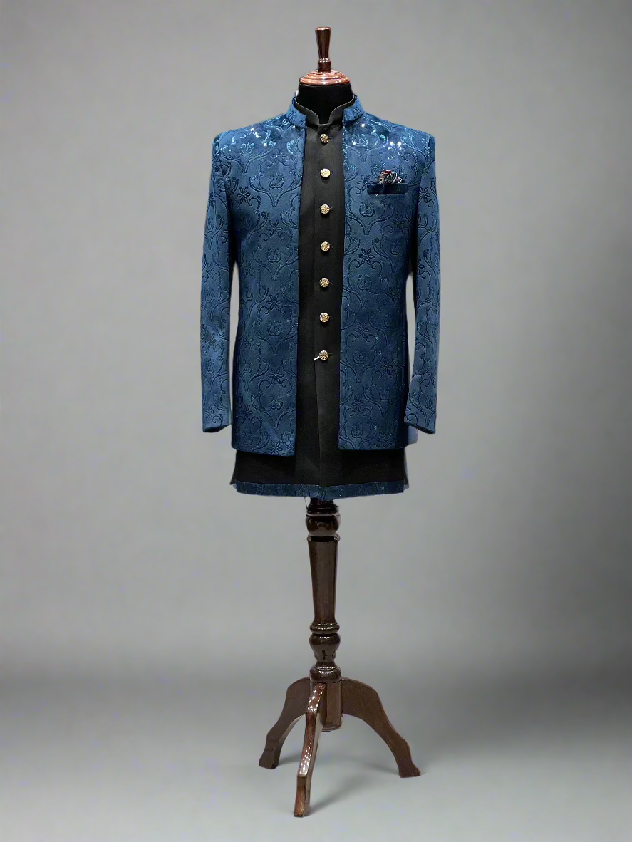 Teal Blue Textured Indo-Western with Antique Gold Buttons