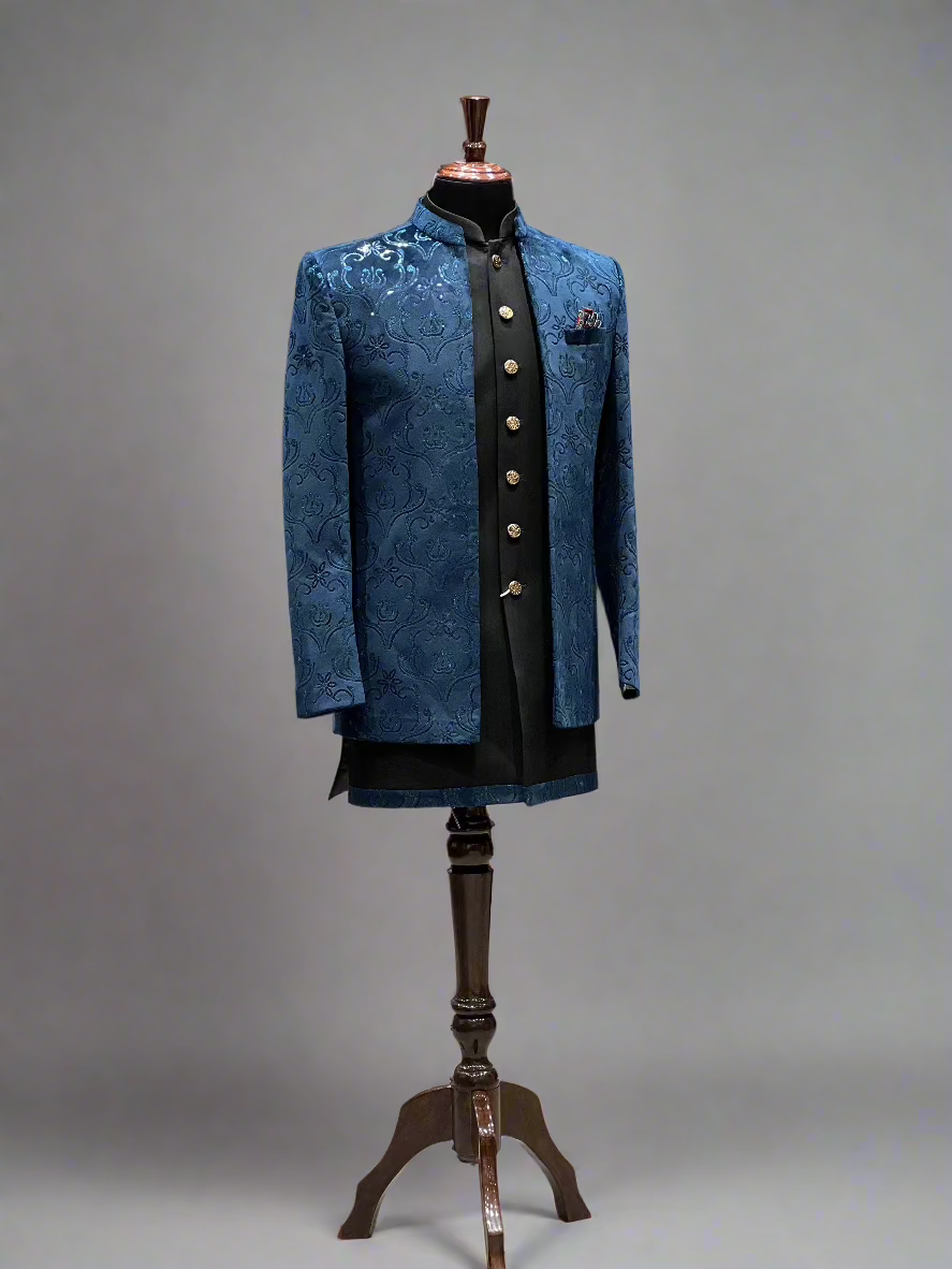 Teal Blue Textured Indo-Western with Antique Gold Buttons