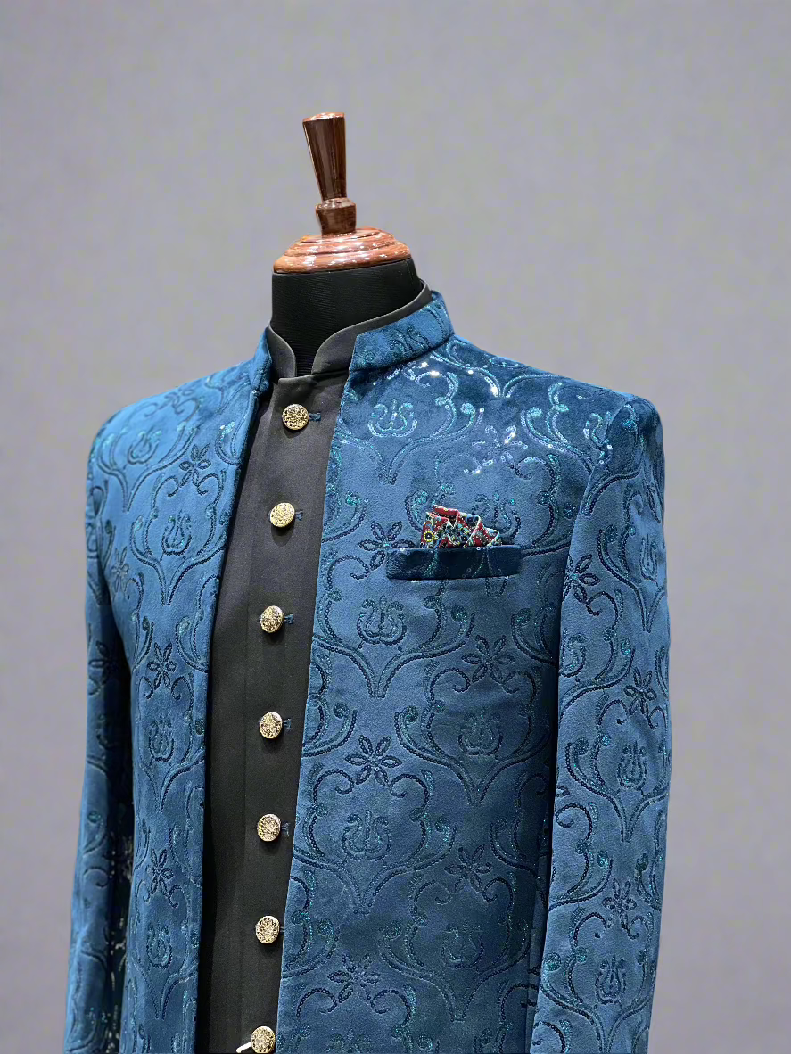 Teal Blue Textured Indo-Western with Antique Gold Buttons