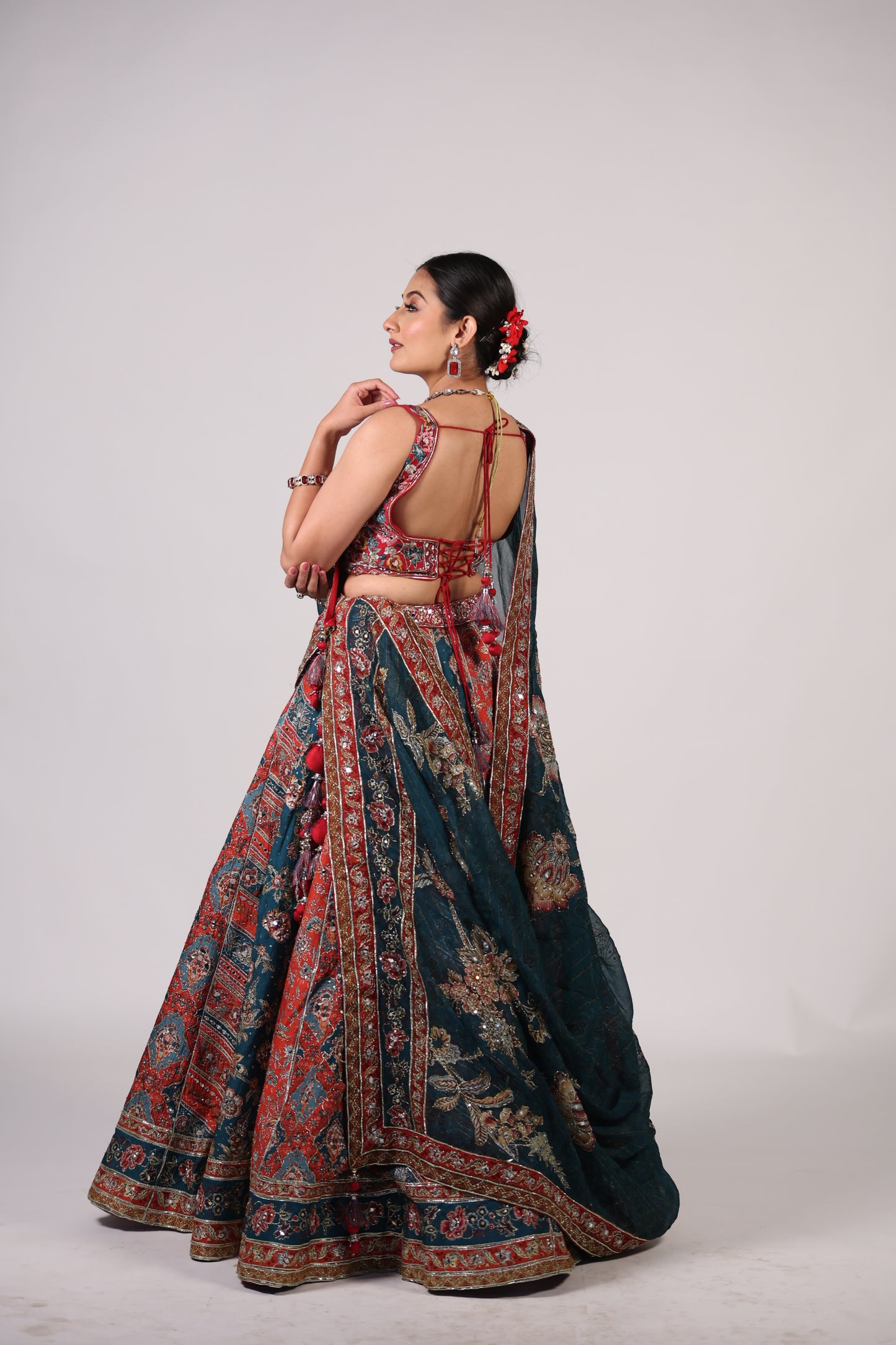 Teal Blue & Rust Red Floral Hand-Embroidered Festive Lehenga Choli