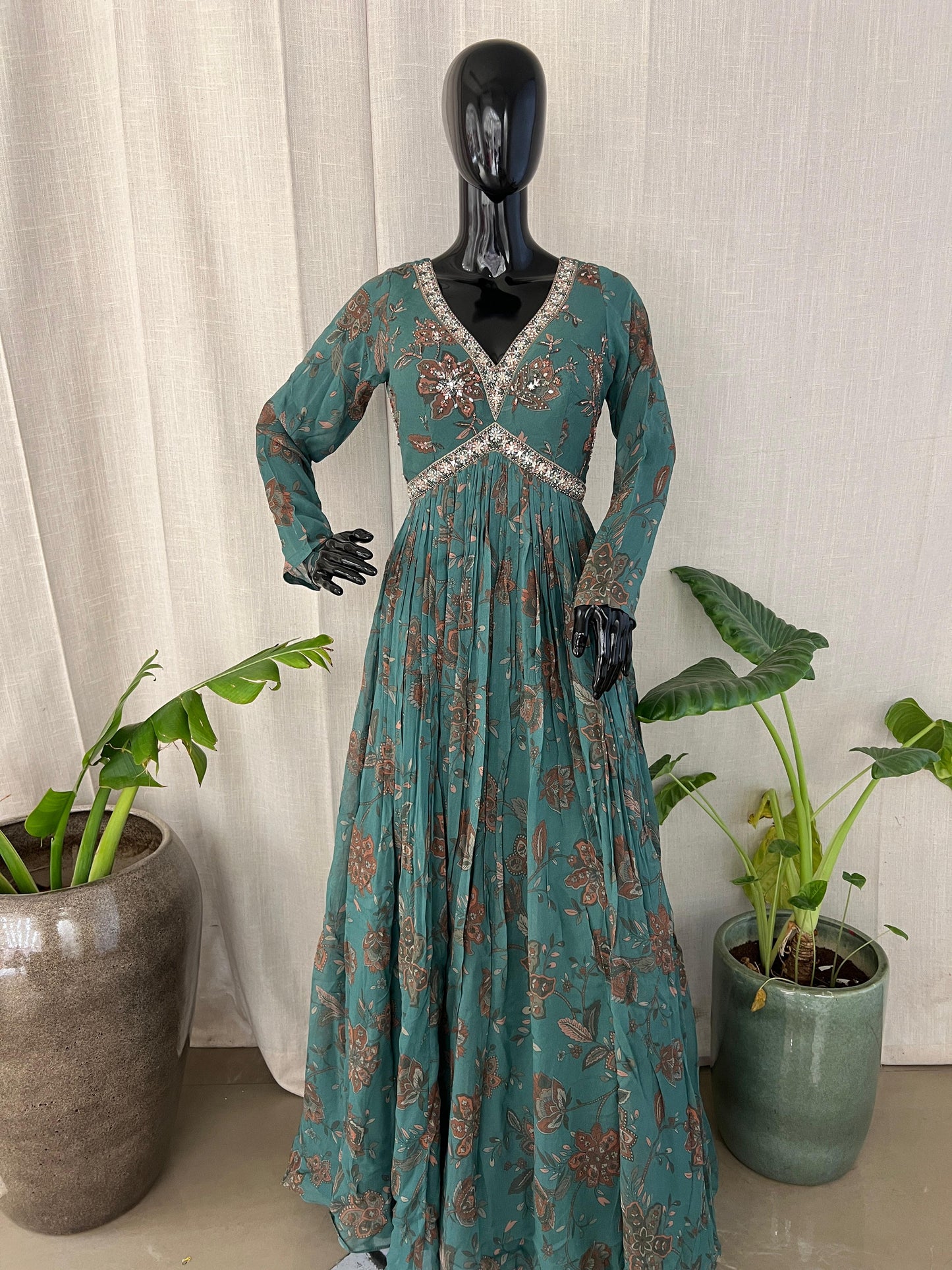 Teal Floral Anarkali with Sequins & Gota Detailing