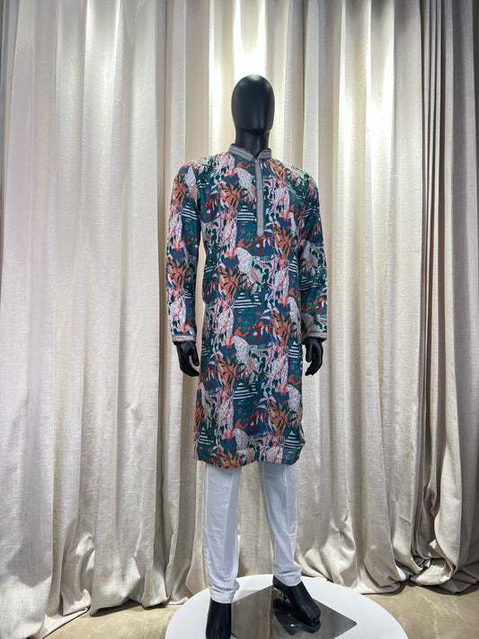 Teal Green Printed Kurta with Abstract Jungle Motifs and Contrast Detailing