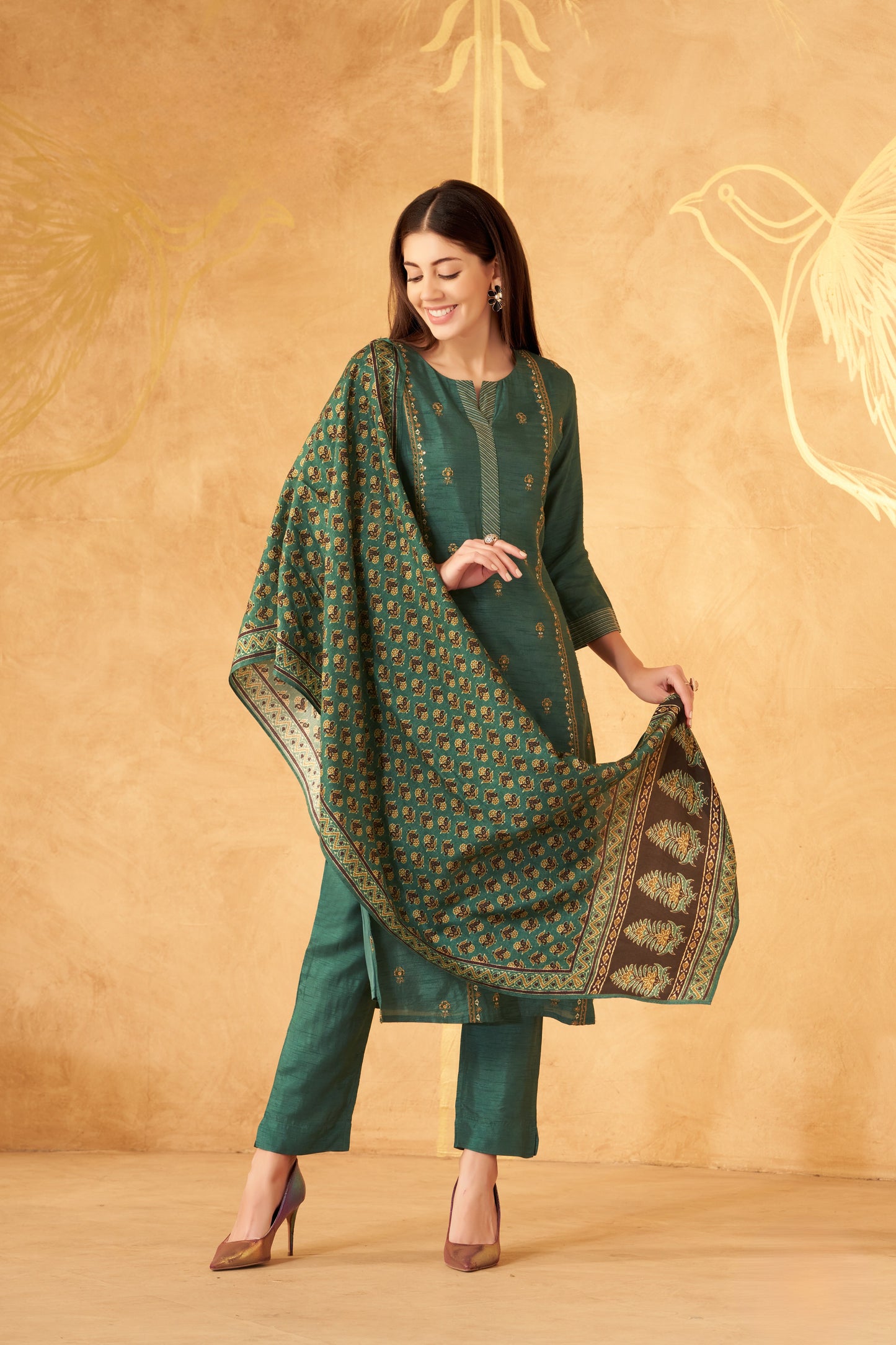 Teal Green Sequins And Thread Work Straight Cut Salwar Suit