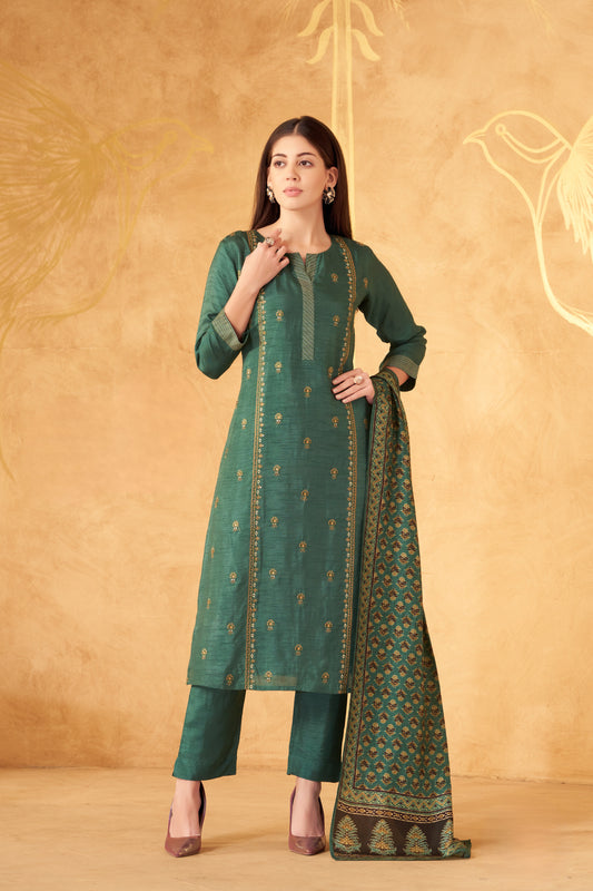 Teal Green Sequins And Thread Work Straight Cut Salwar Suit