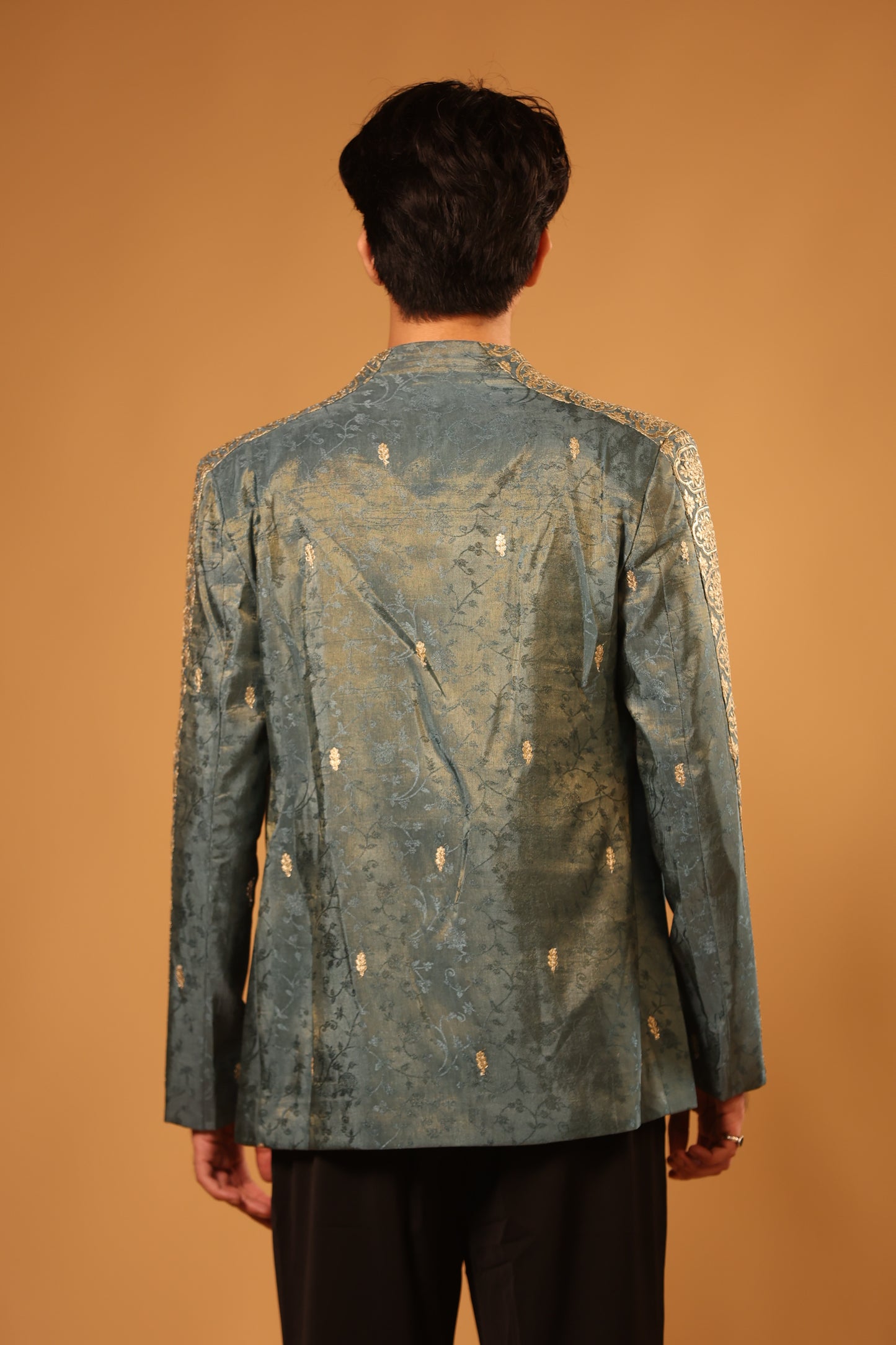 Teal Green & Antique Gold Embroidered Indo-Western Set