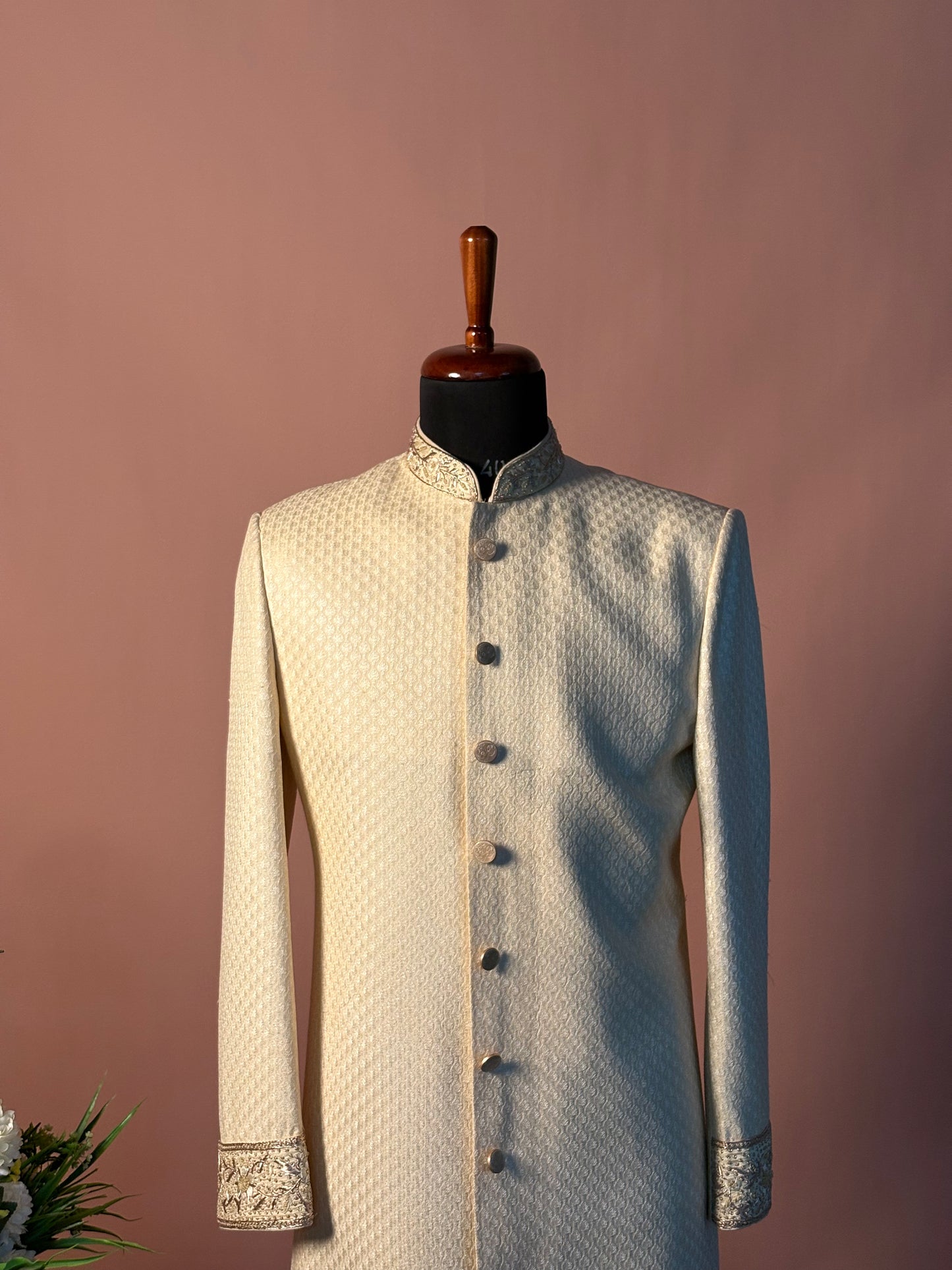 Textured Ivory Sherwani with Subtle Embroidery and Classic Button Detailing