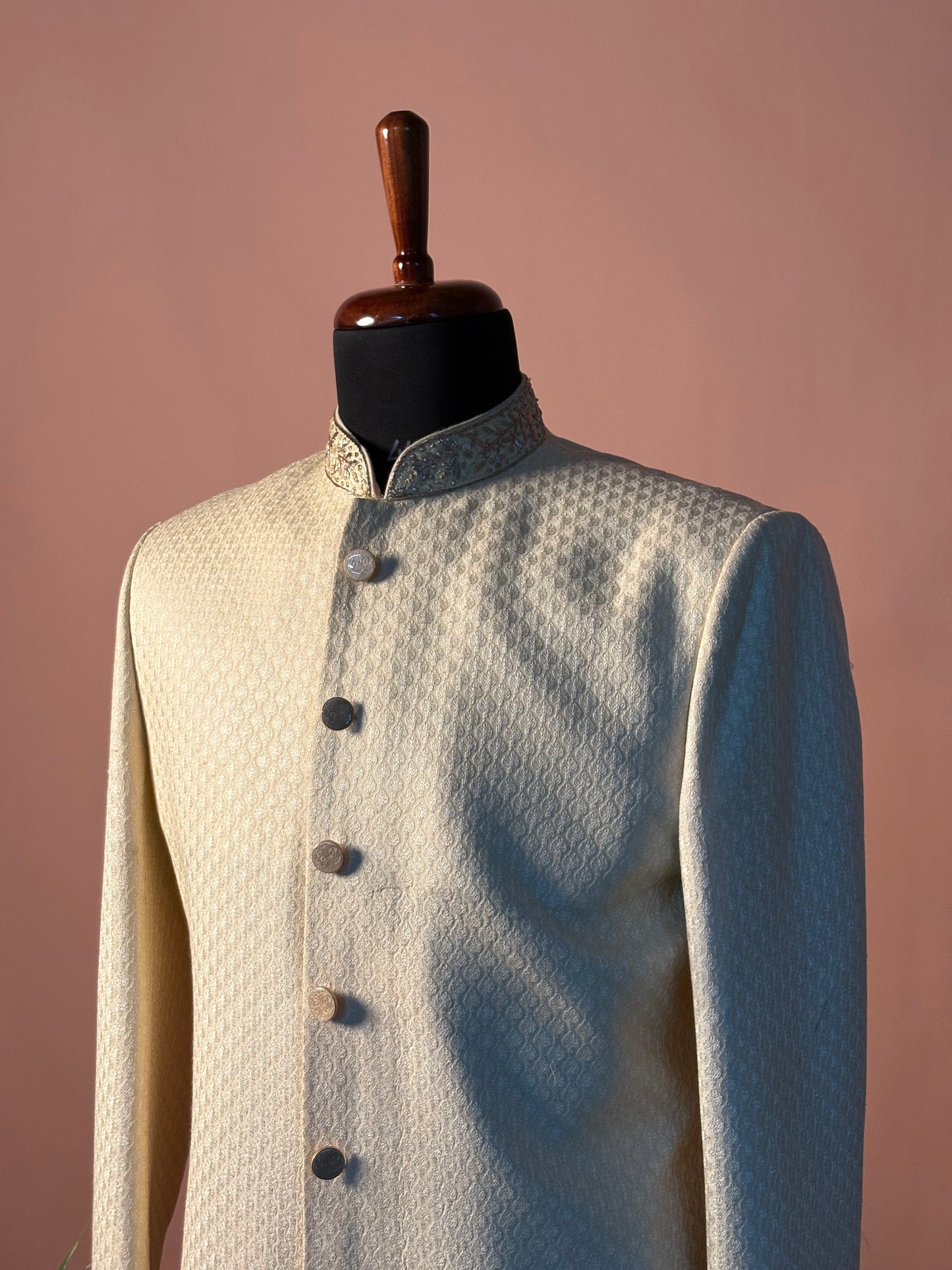 Textured Ivory Sherwani with Subtle Embroidery and Classic Button Detailing