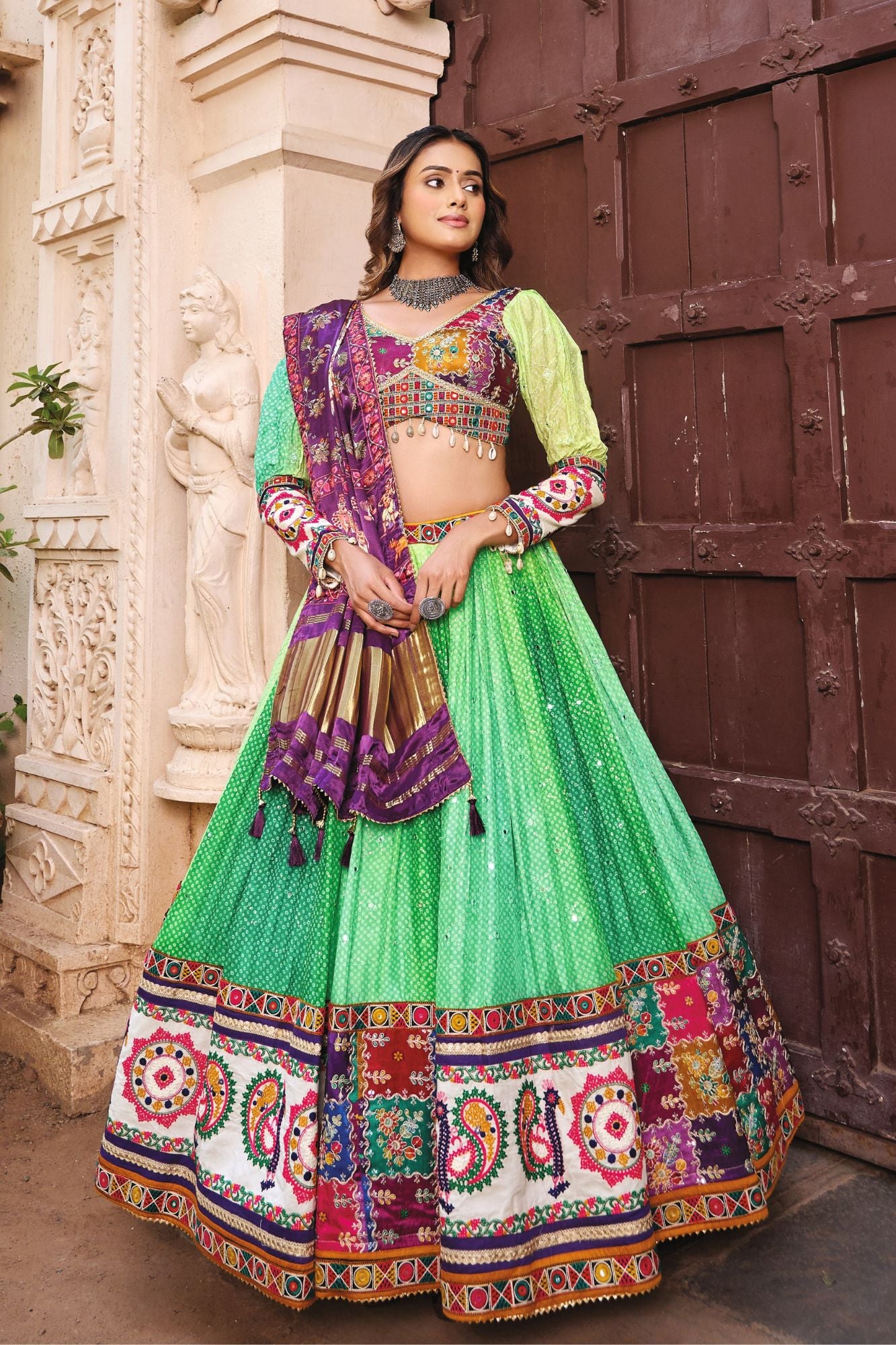 Vibrant Green Navratri Chaniya Choli with Traditional Kutch Embroidery & Sequence Work