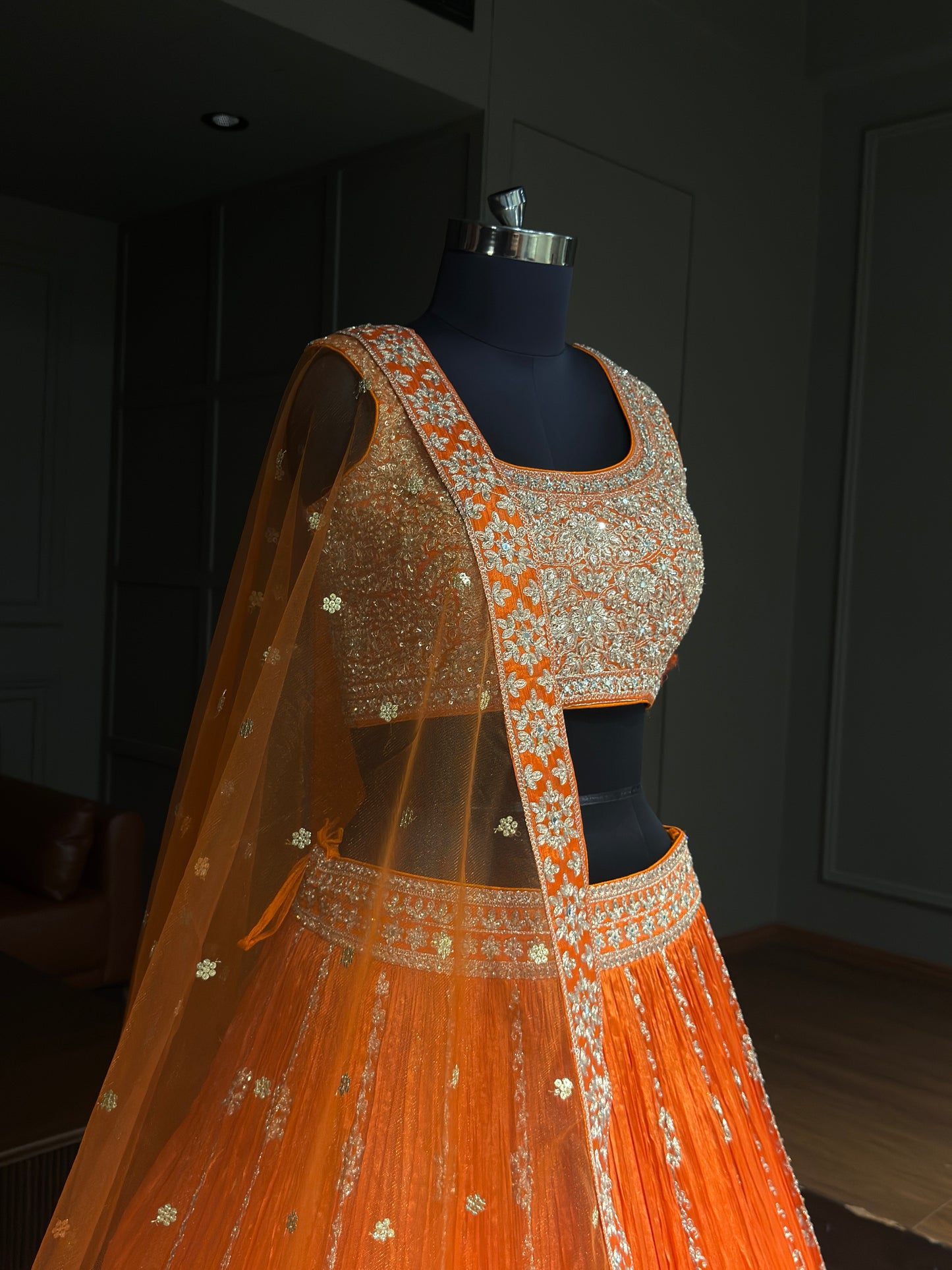 Vibrant Orange Embroidered Festive Lehenga Choli Set with Zari Work and Net Dupatta