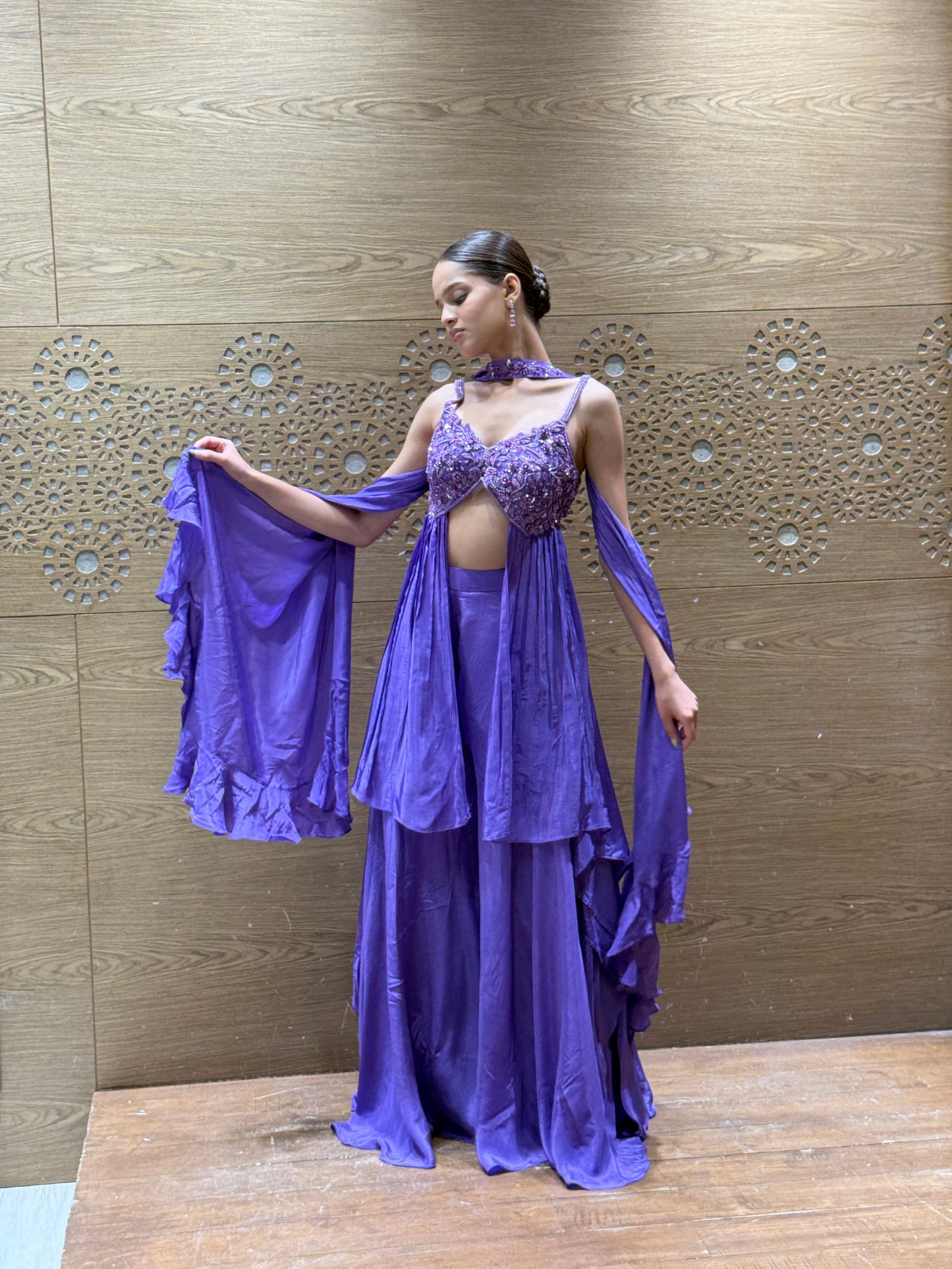 Violet Drape Gown with Embellished Corset Blouse