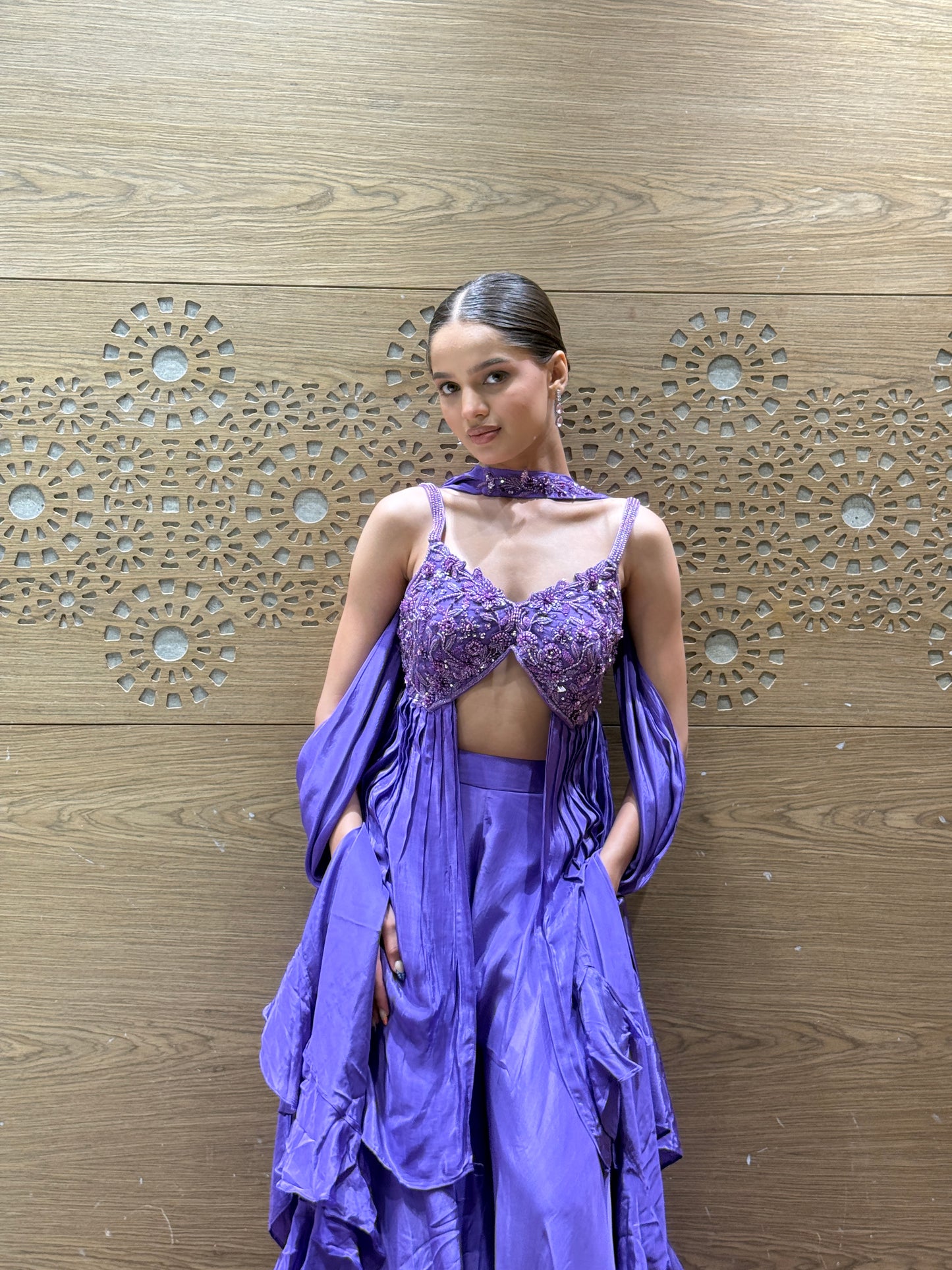 Violet Drape Gown with Embellished Corset Blouse