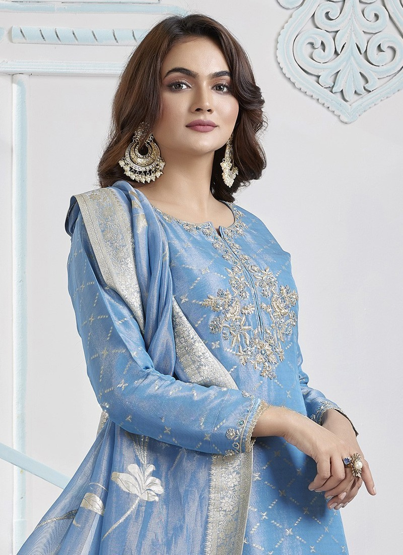 Wedding Wear Embroidered Light Blue Palazzo Suit