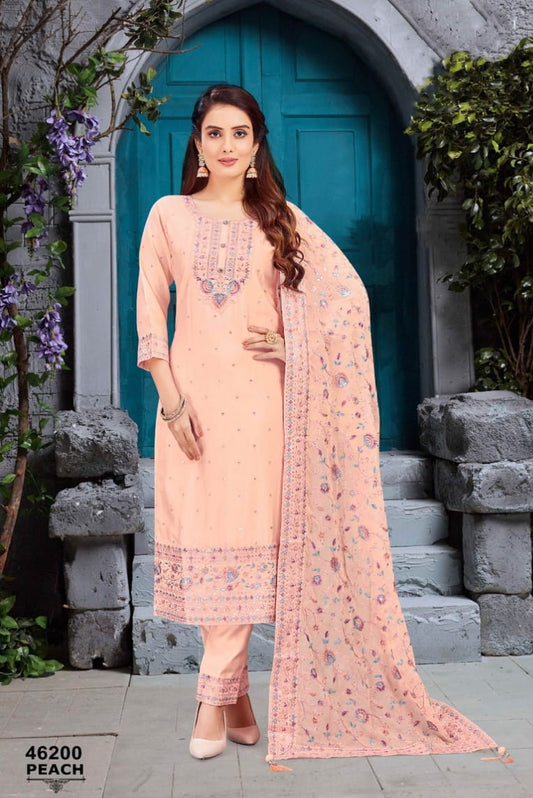 Peach Printed Kurti Pant set with dupatta