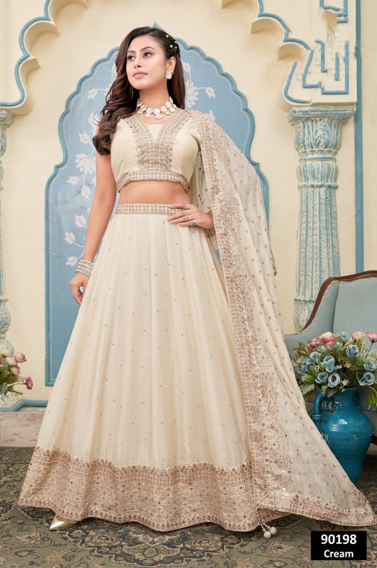Gold Printed Off-White Lehenga Choli Set