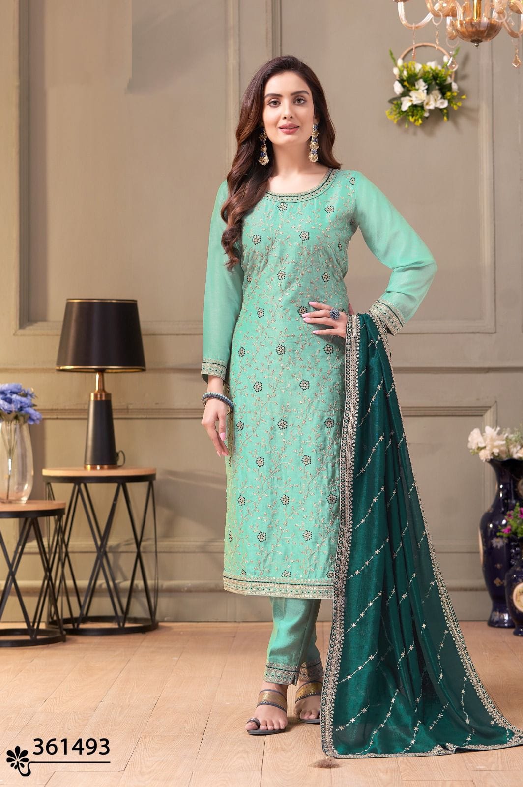 Sea-Green Kurti Pant Set with Contrast Dupatta