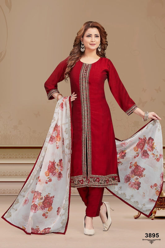 Red Silk Kurti Pant Set with Printed Dupatta