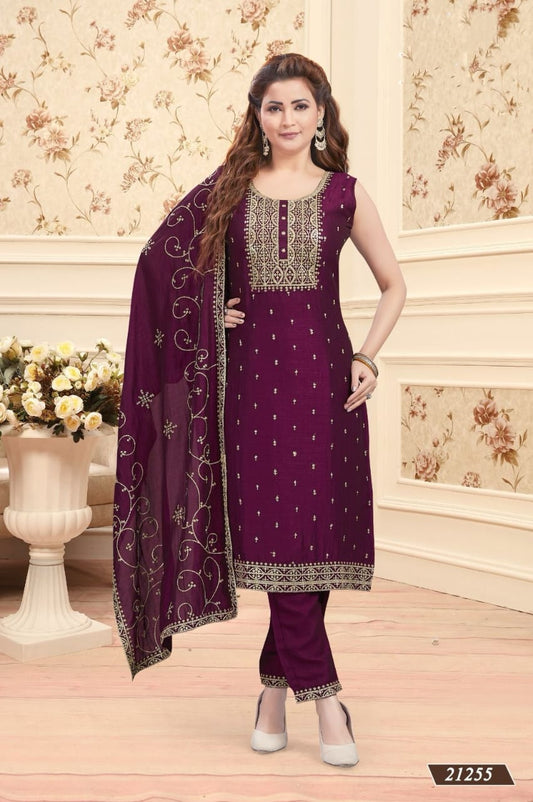Wine-Colored Kurti Pant Set with Dupatta