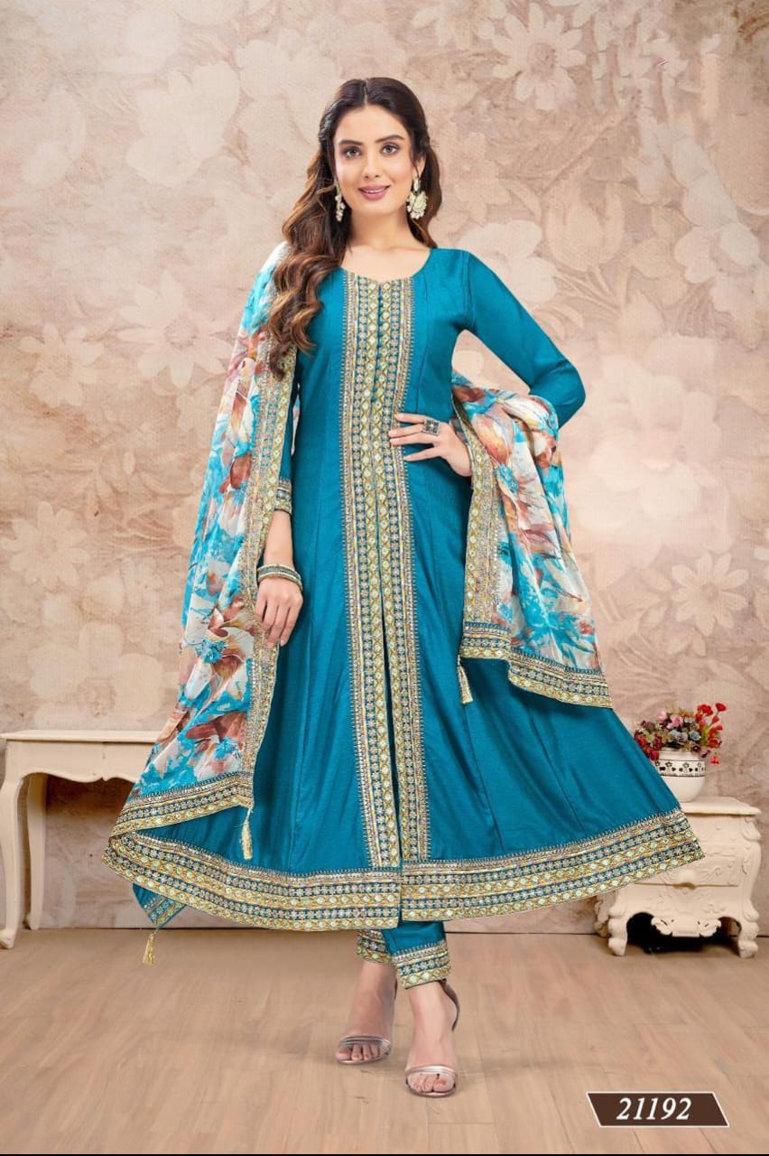 Sky Blue Anarkali with Printed Dupatta Set