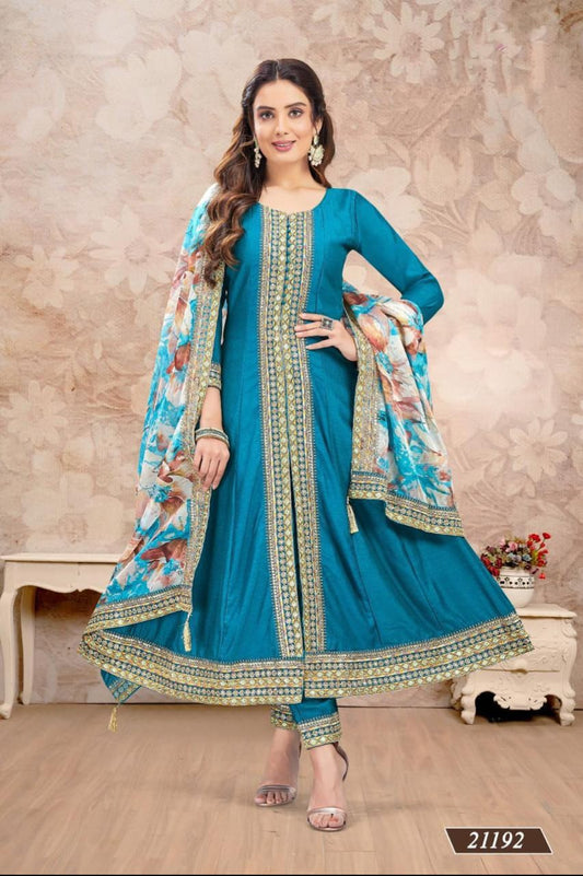 Sky Blue Anarkali with Printed Dupatta Set